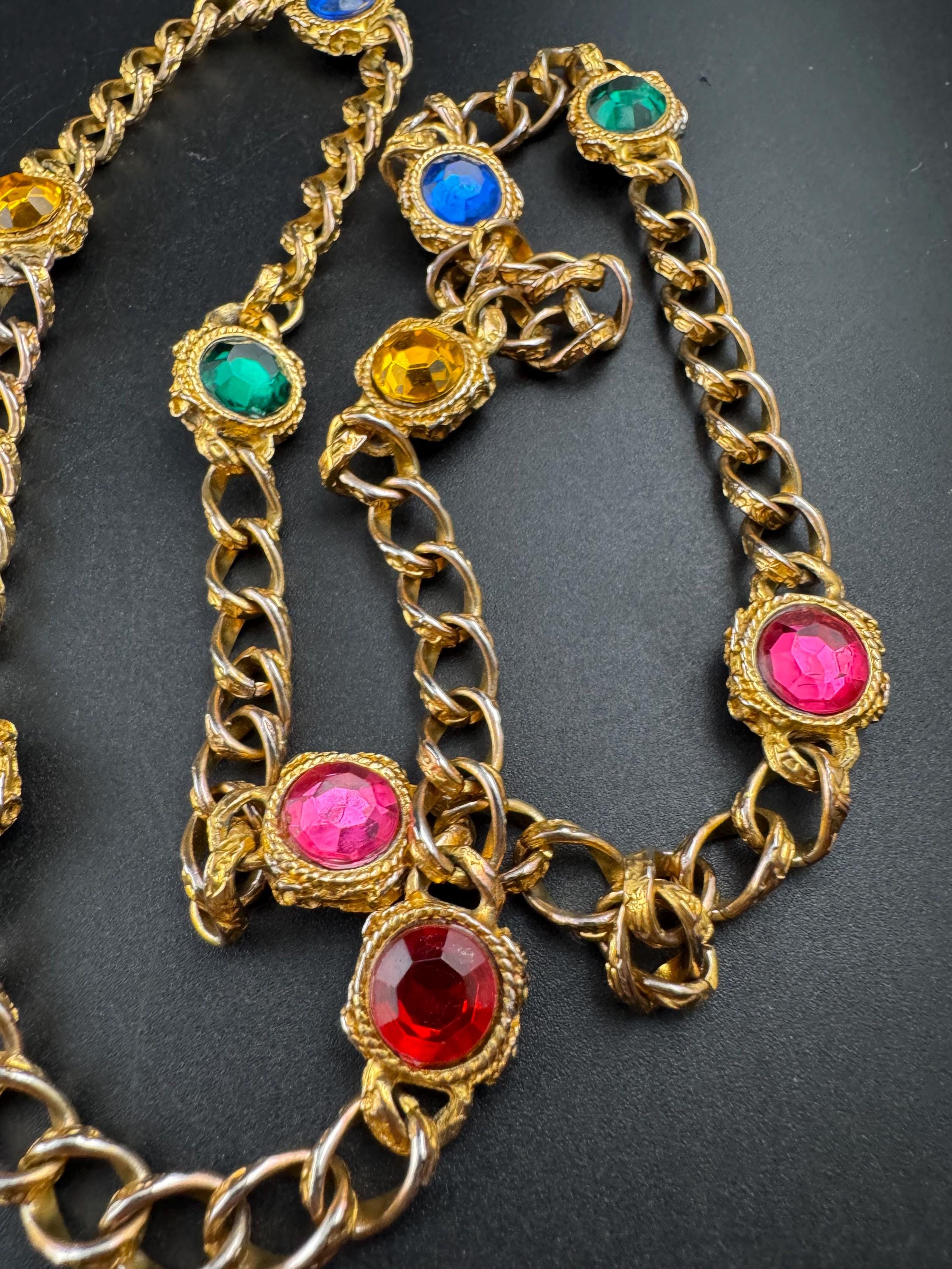 Vintage coloured rhinestone pink red blue green long curb chain station necklace 80cm