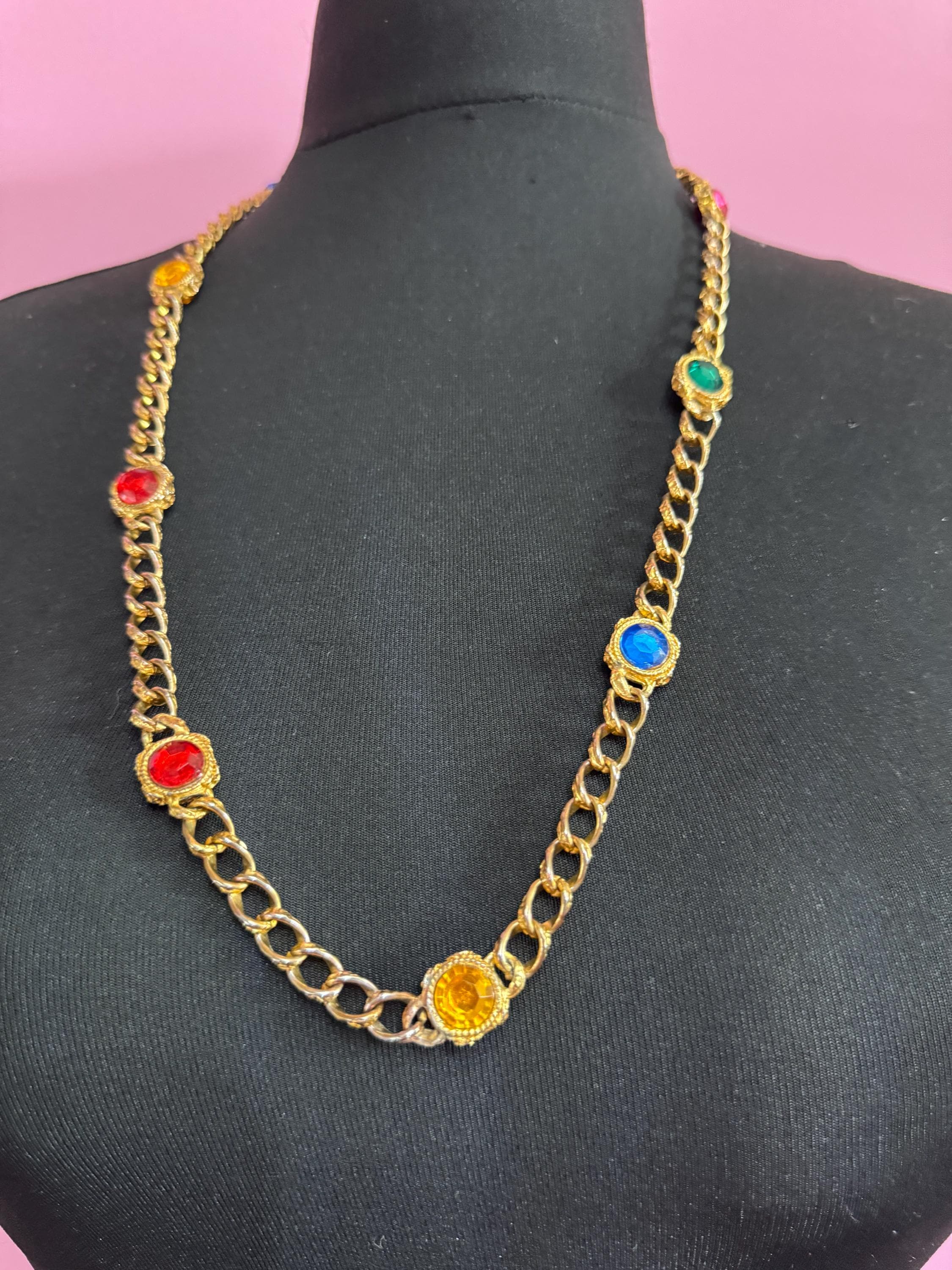 Vintage coloured rhinestone pink red blue green long curb chain station necklace 80cm