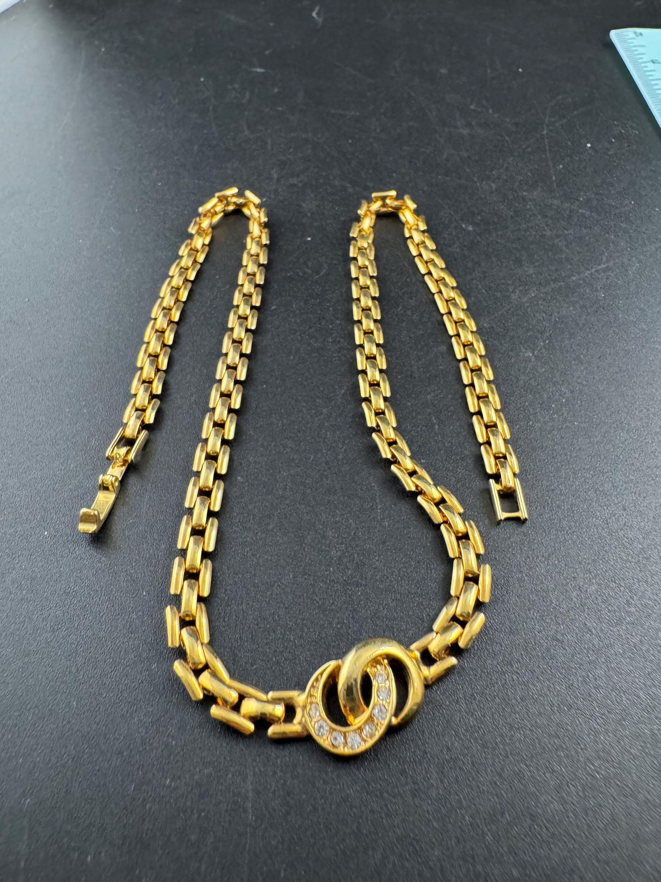 44cm panther link crystal diamanté gold tone choker necklace, brick chain, Retro 1980s
