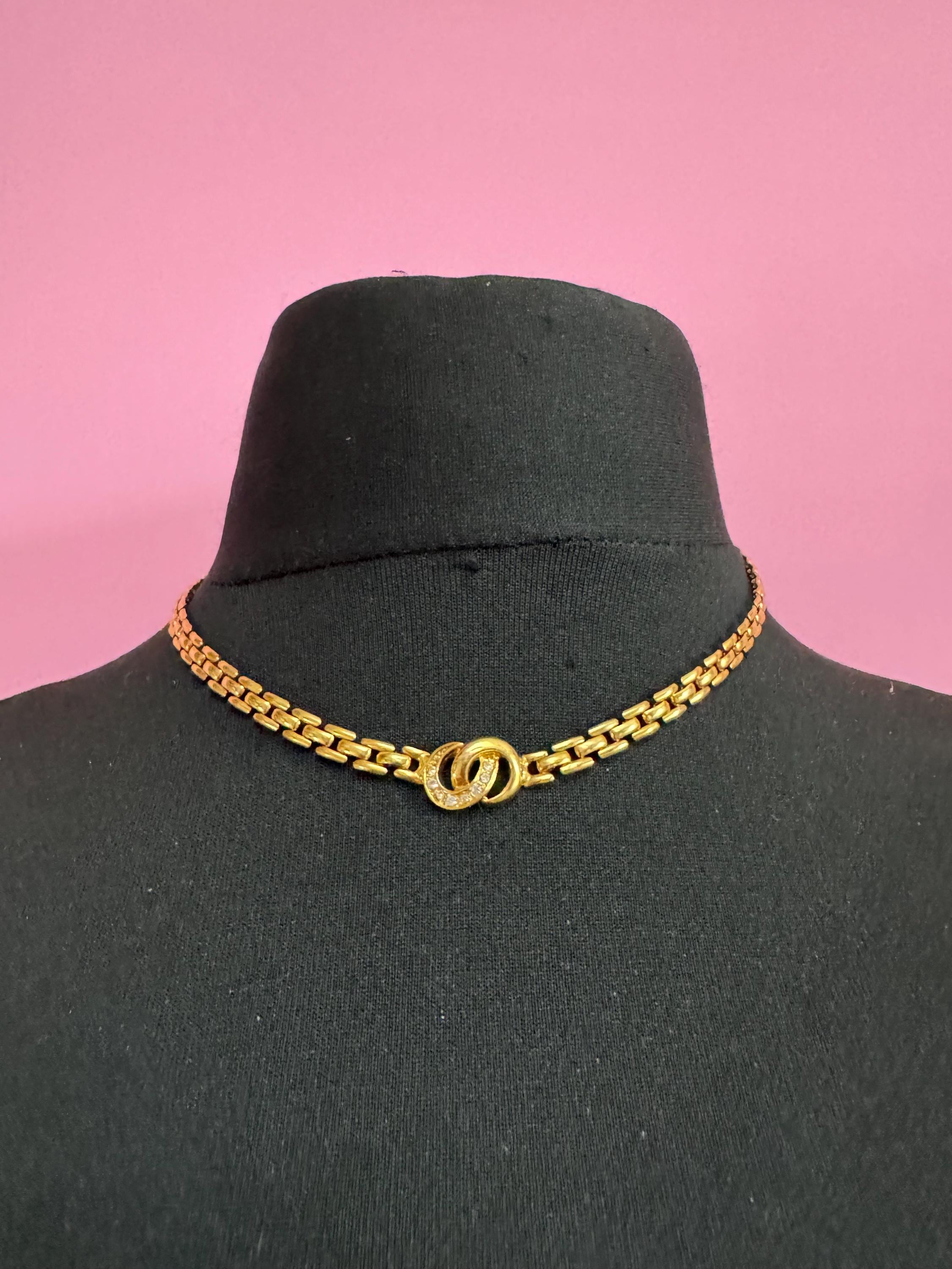 44cm panther link crystal diamanté gold tone choker necklace, brick chain, Retro 1980s