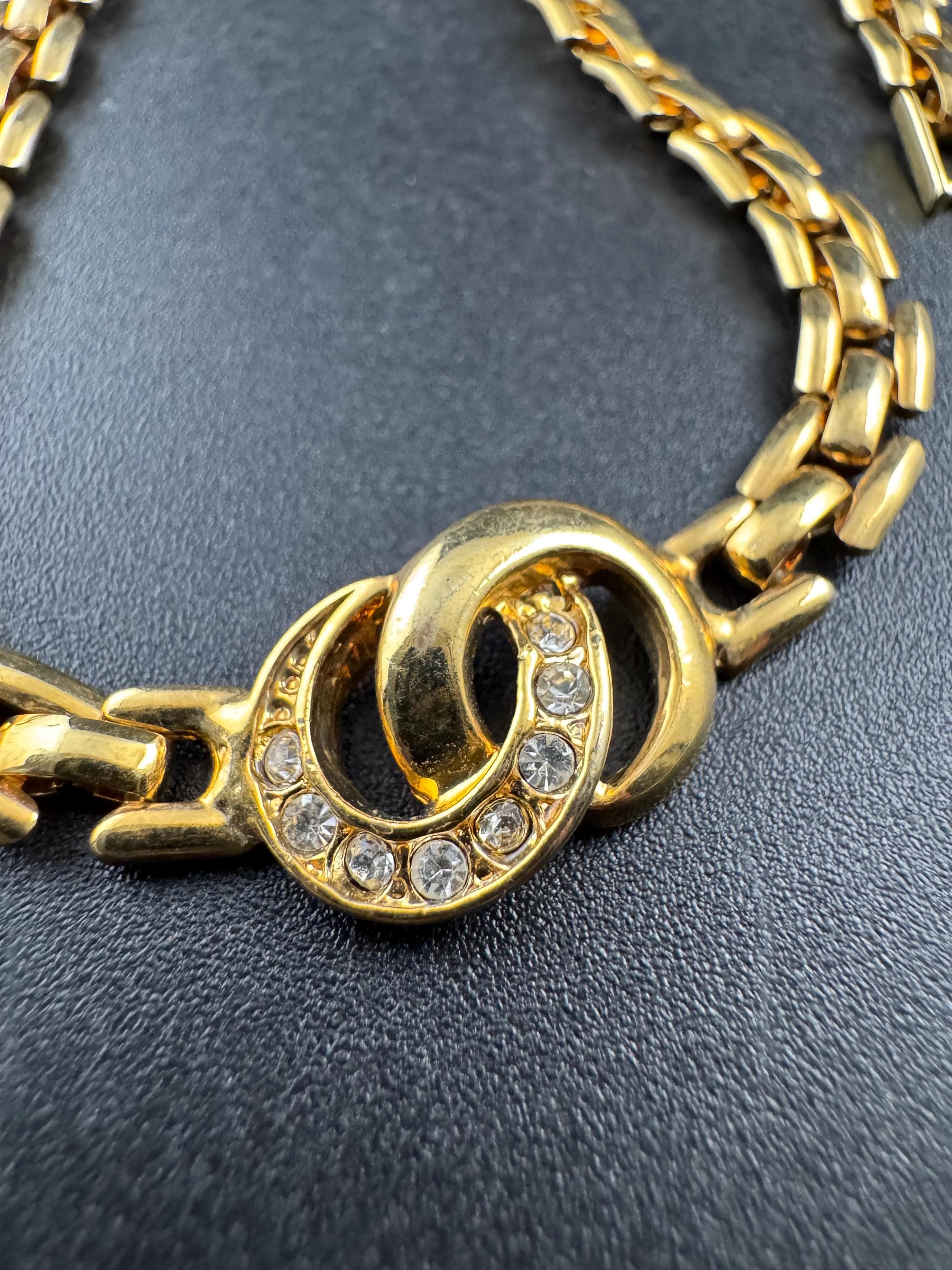 44cm panther link crystal diamanté gold tone choker necklace, brick chain, Retro 1980s