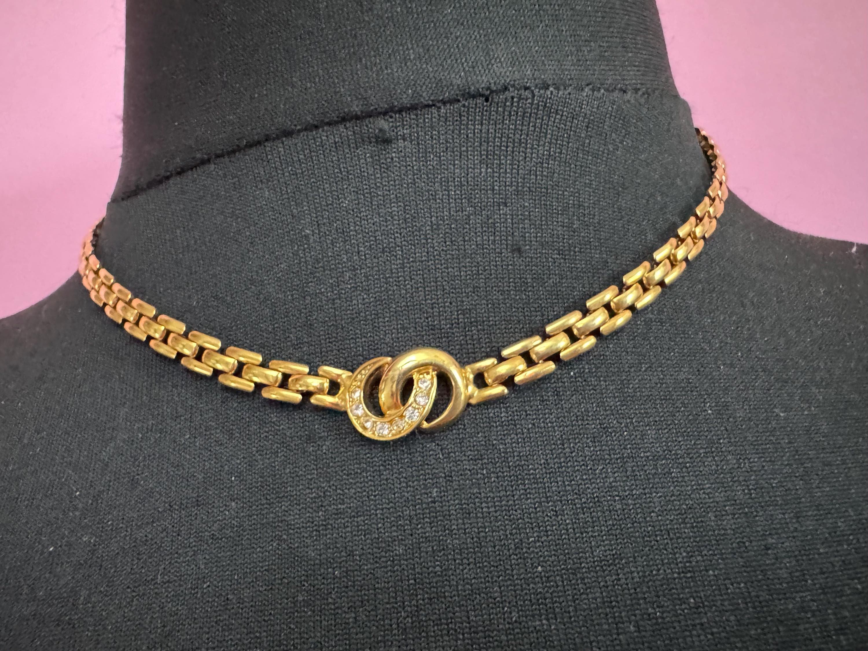 44cm panther link crystal diamanté gold tone choker necklace, brick chain, Retro 1980s