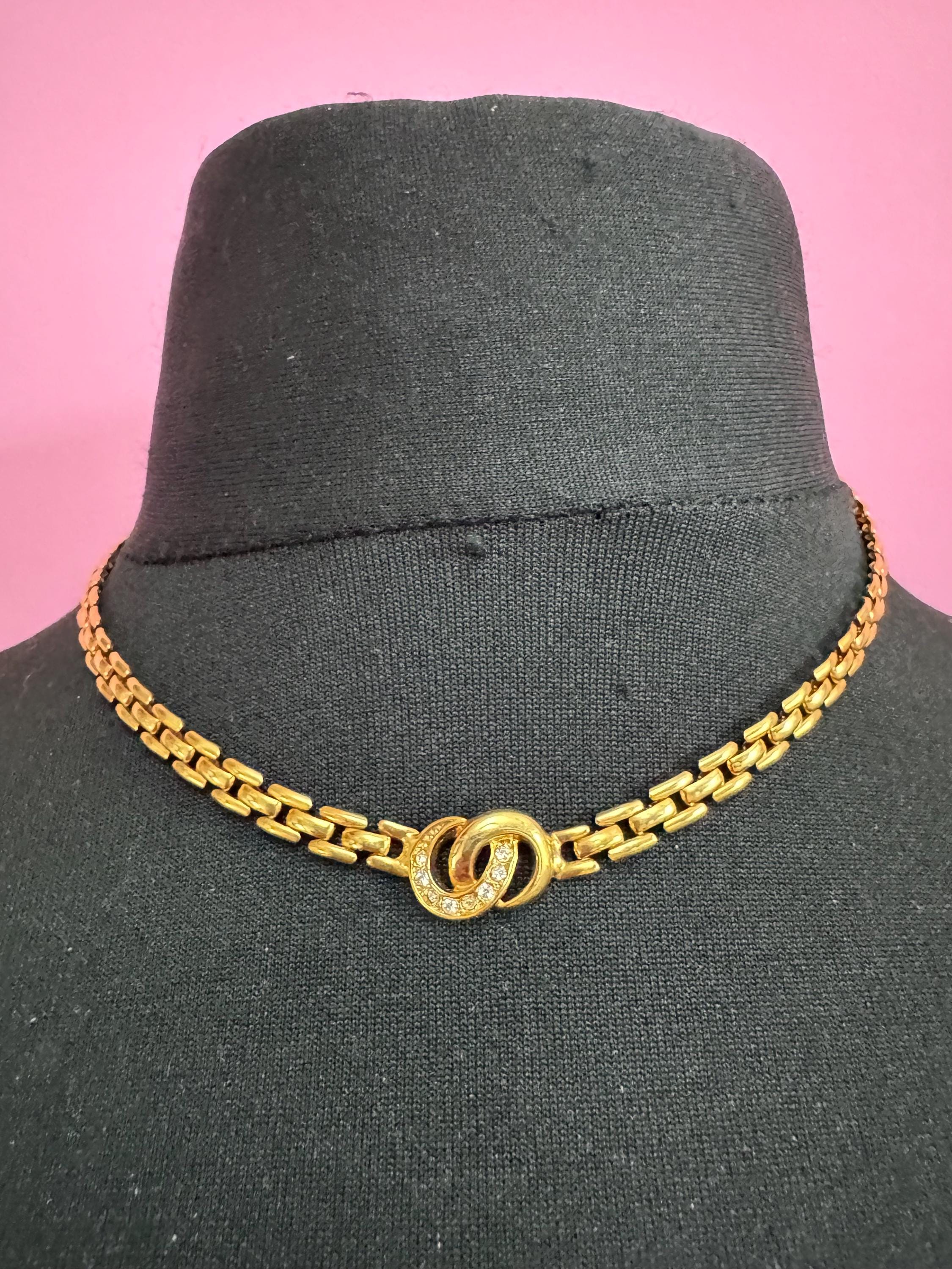 44cm panther link crystal diamanté gold tone choker necklace, brick chain, Retro 1980s