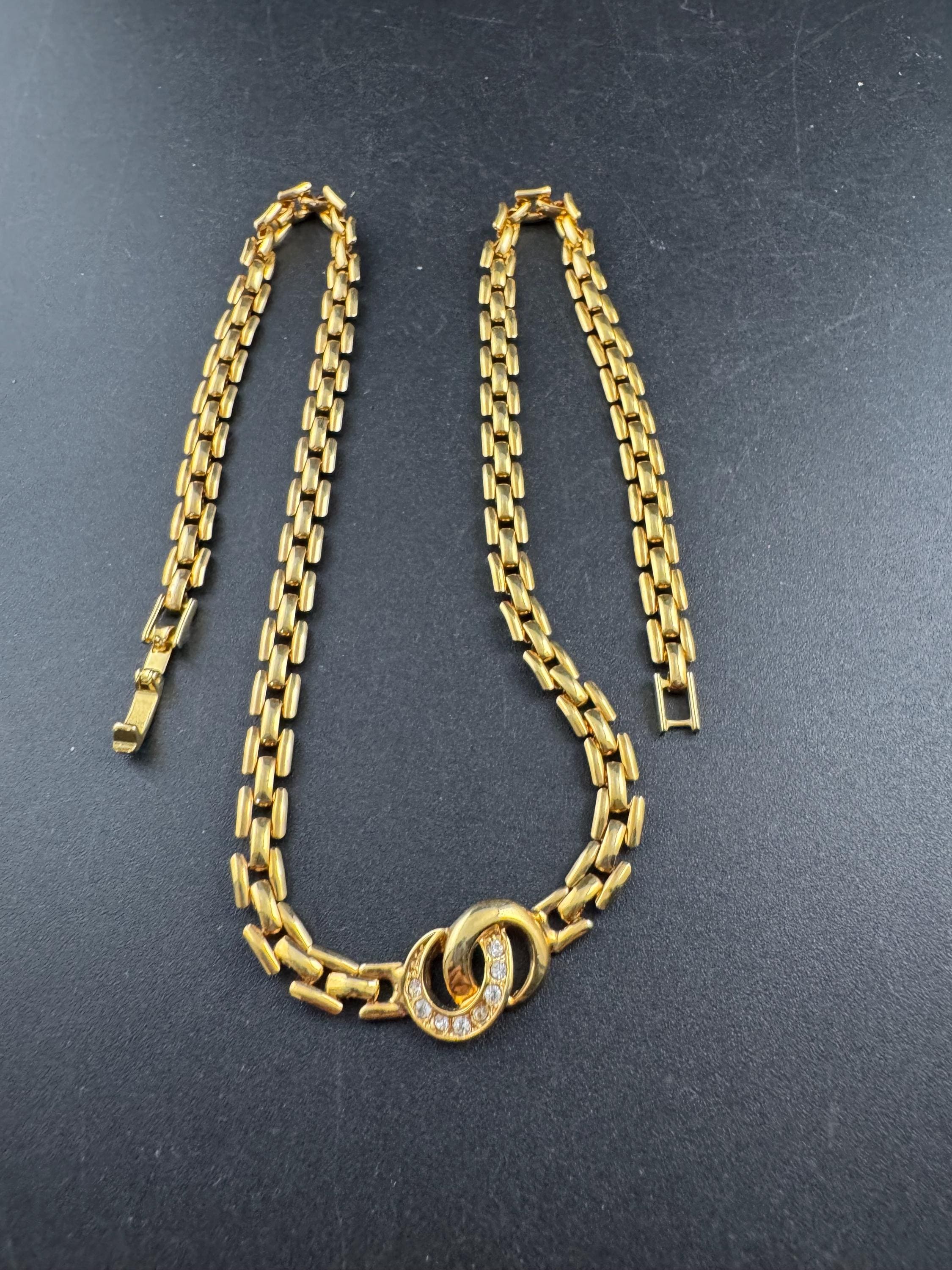 44cm panther link crystal diamanté gold tone choker necklace, brick chain, Retro 1980s