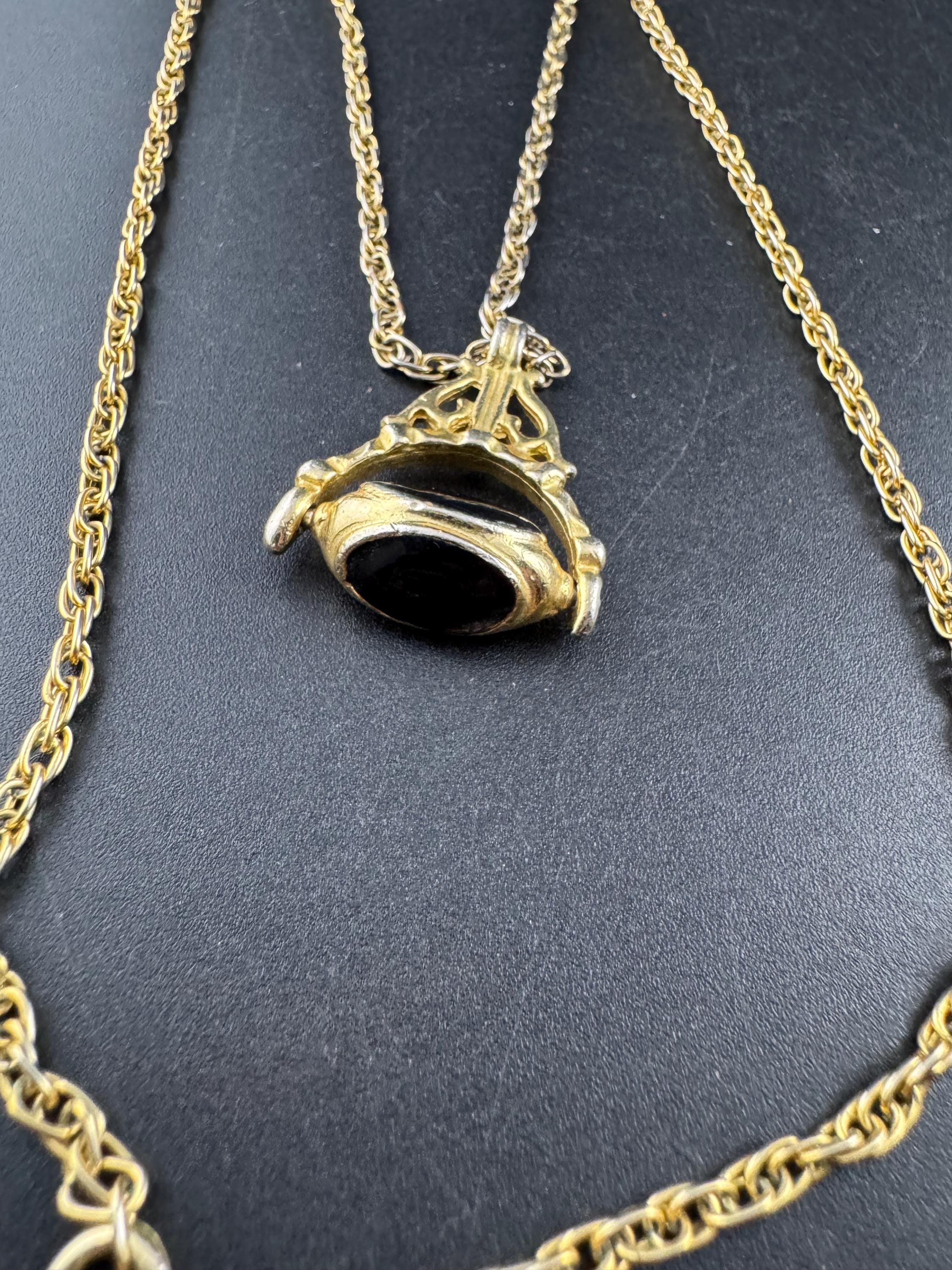 Retro antique style 3 face black spinner key fob charm pendant long chain necklace