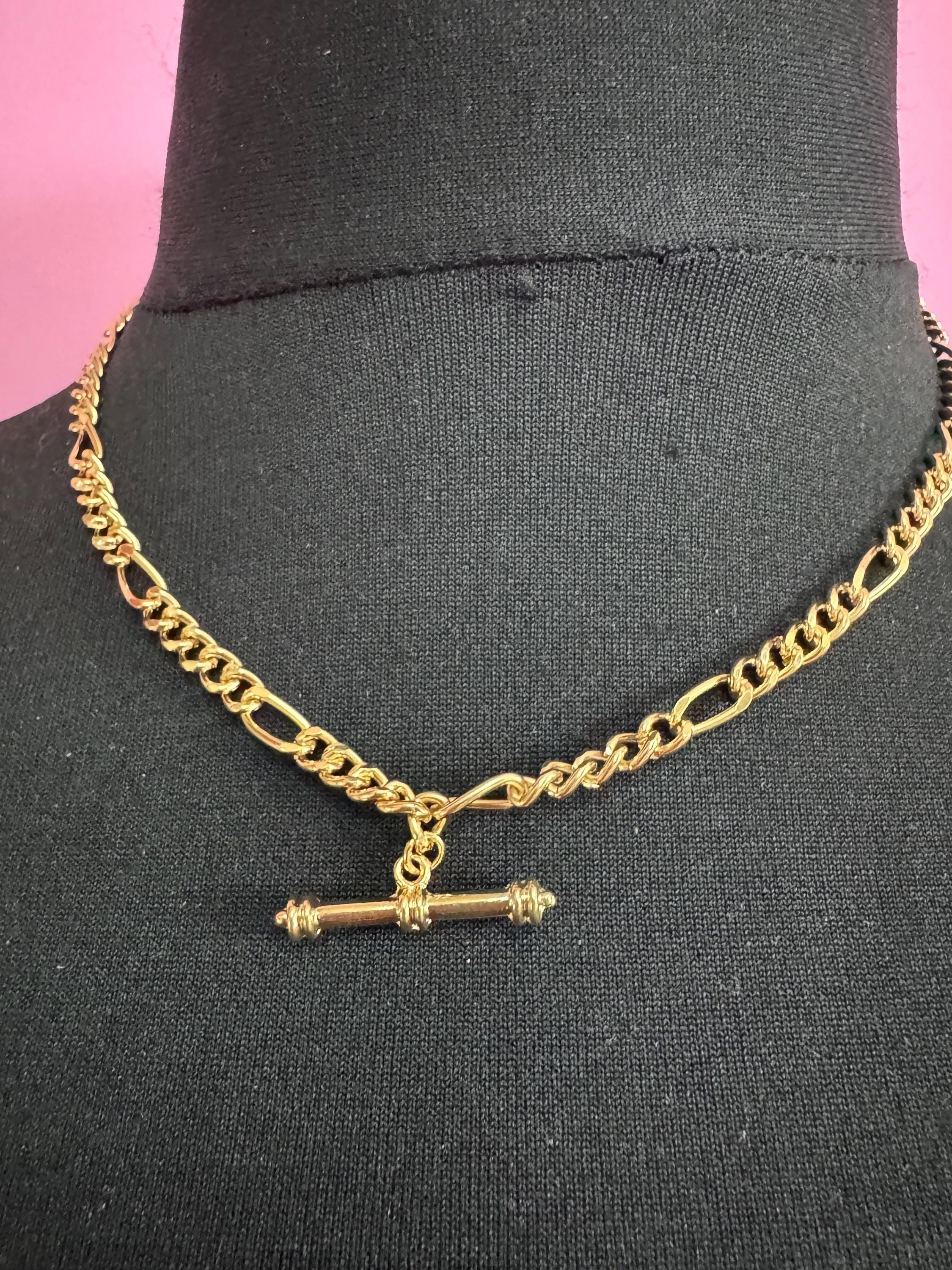 retro Victorian style gold Figaro chain T Bar watch chain necklace