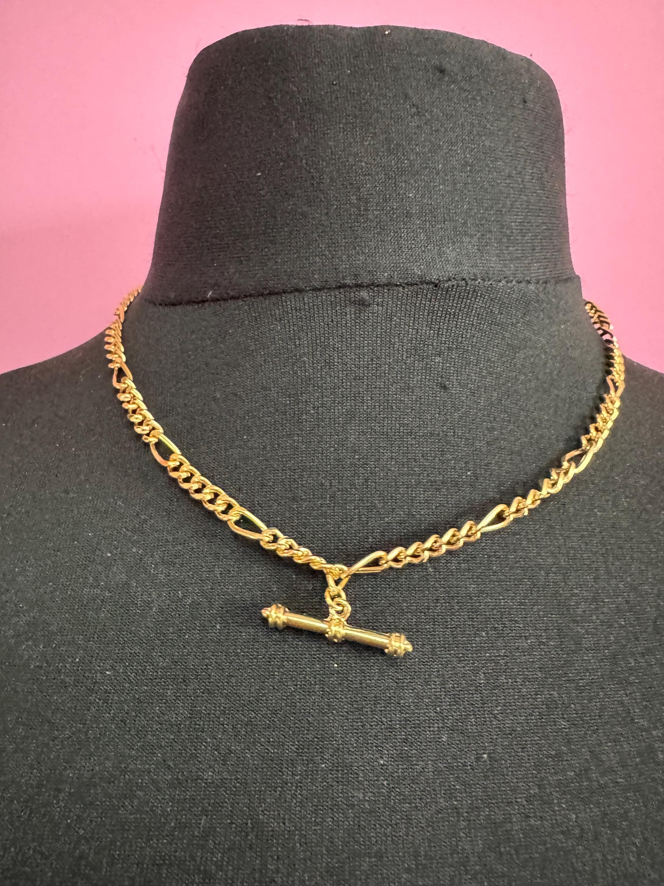 retro Victorian style gold Figaro chain T Bar watch chain necklace