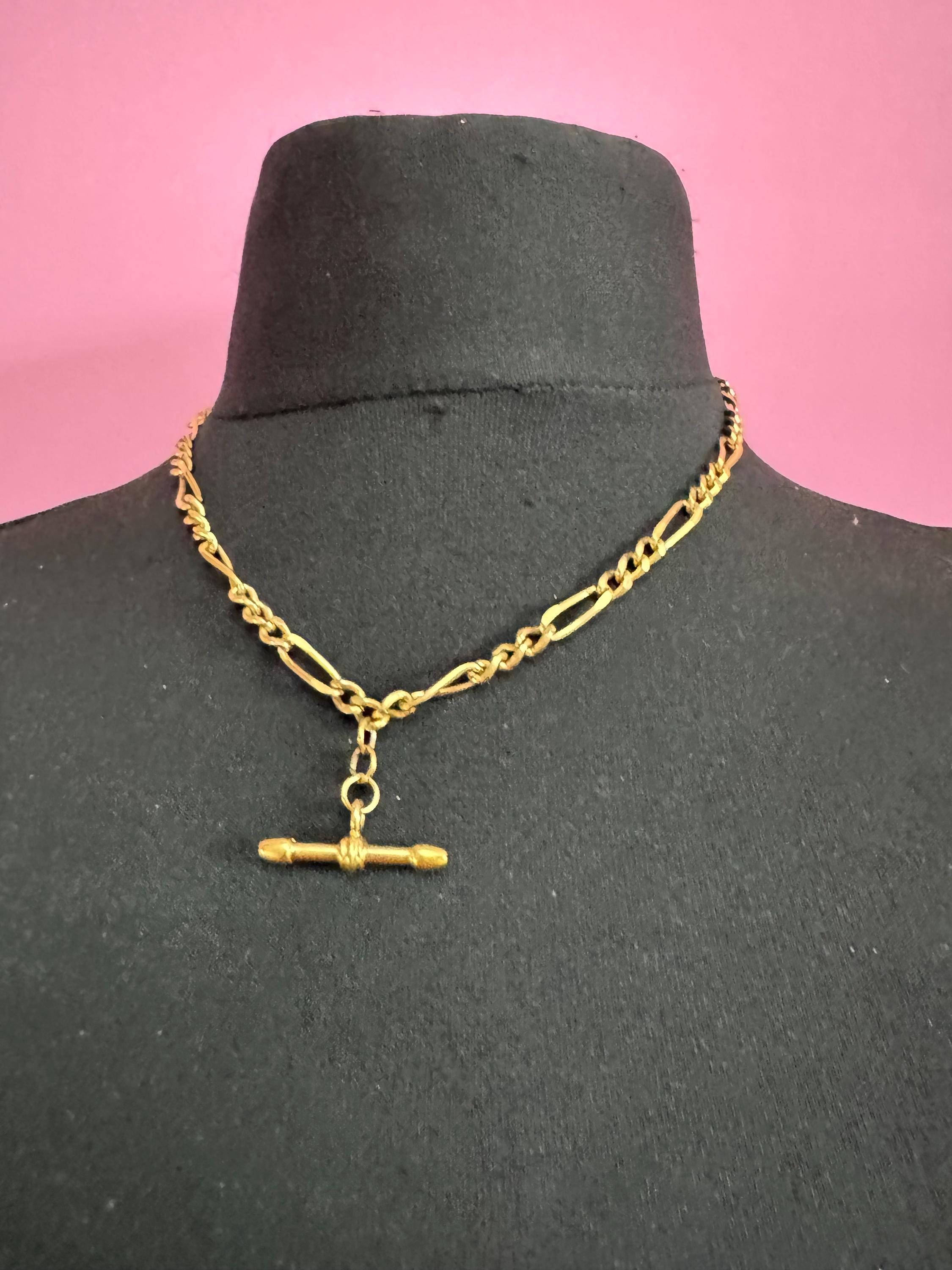 retro Victorian style gold Figaro chain T Bar watch guard chain necklace