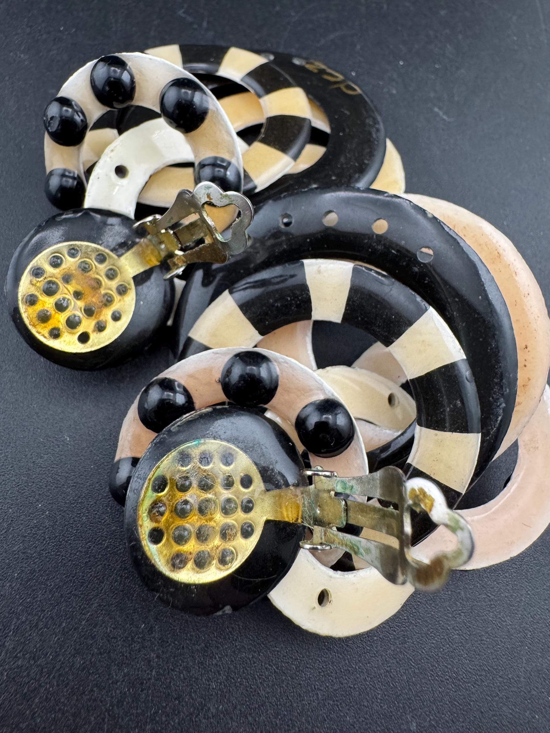 Vintage black and cream plastic hoops dangly drop clip on earrings, signed