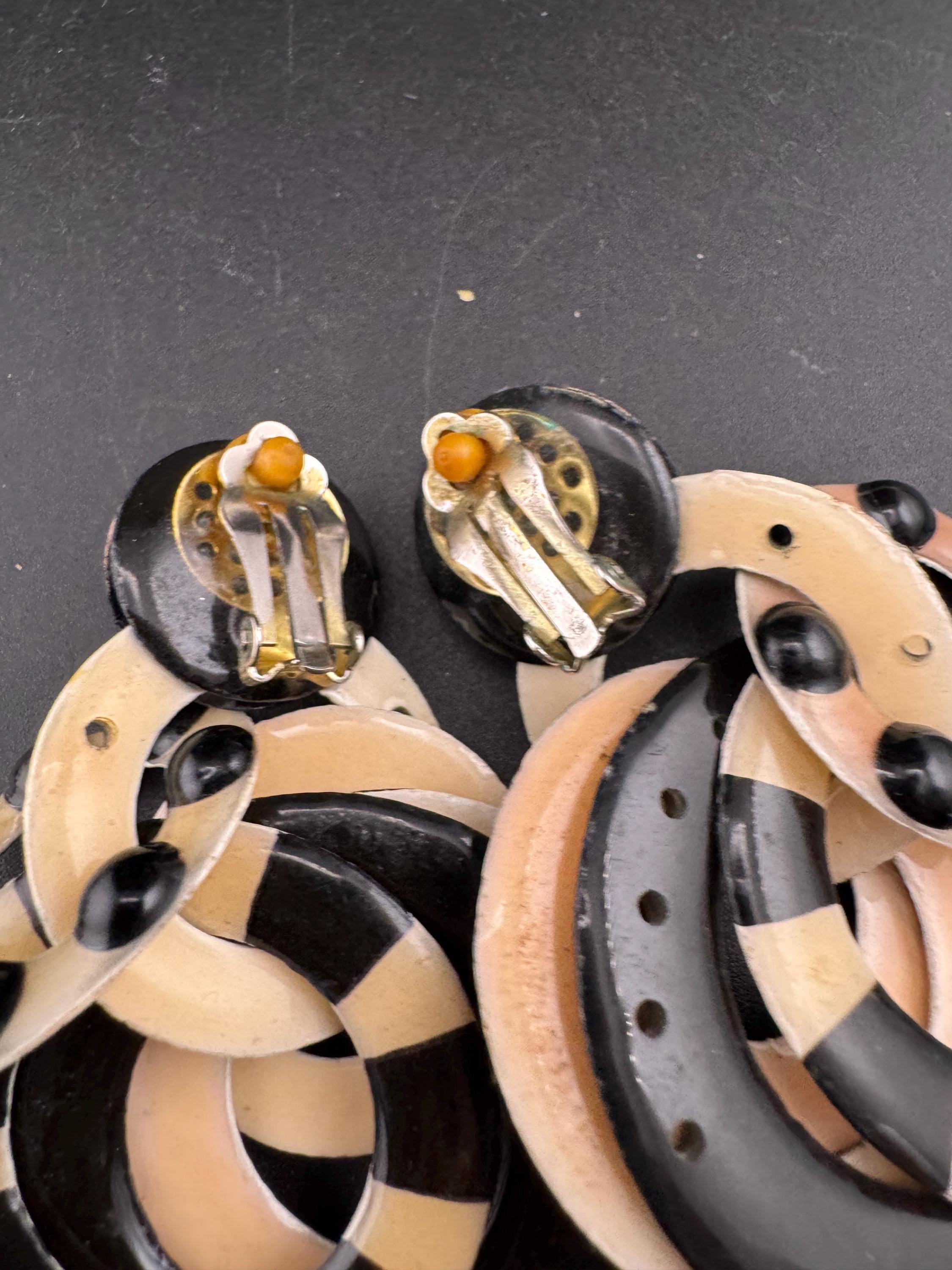 Vintage black and cream plastic hoops dangly drop clip on earrings, signed