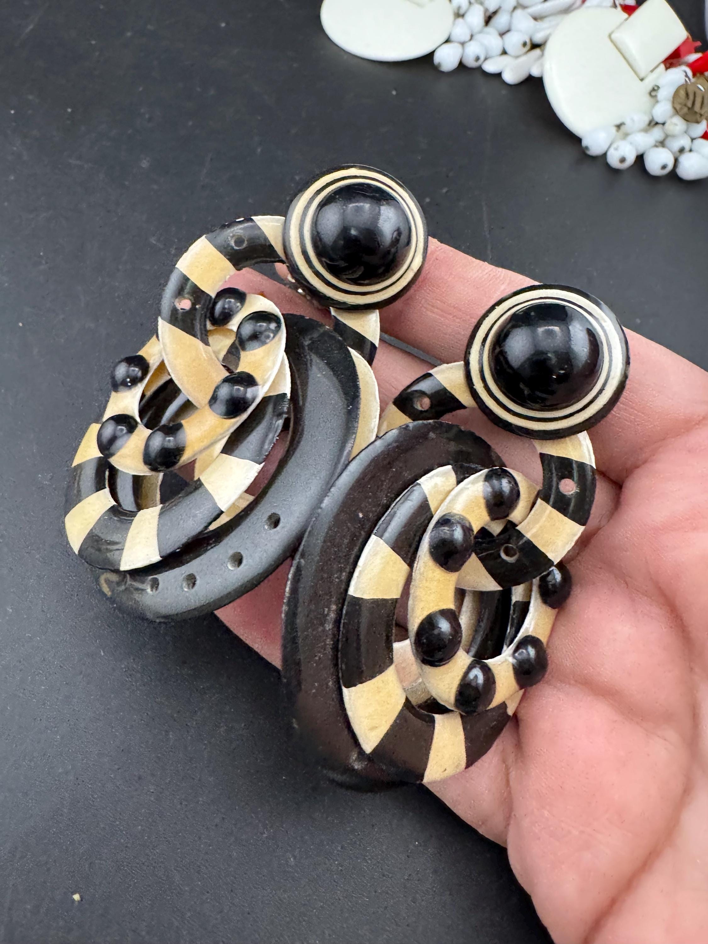 Vintage black and cream plastic hoops dangly drop clip on earrings, signed