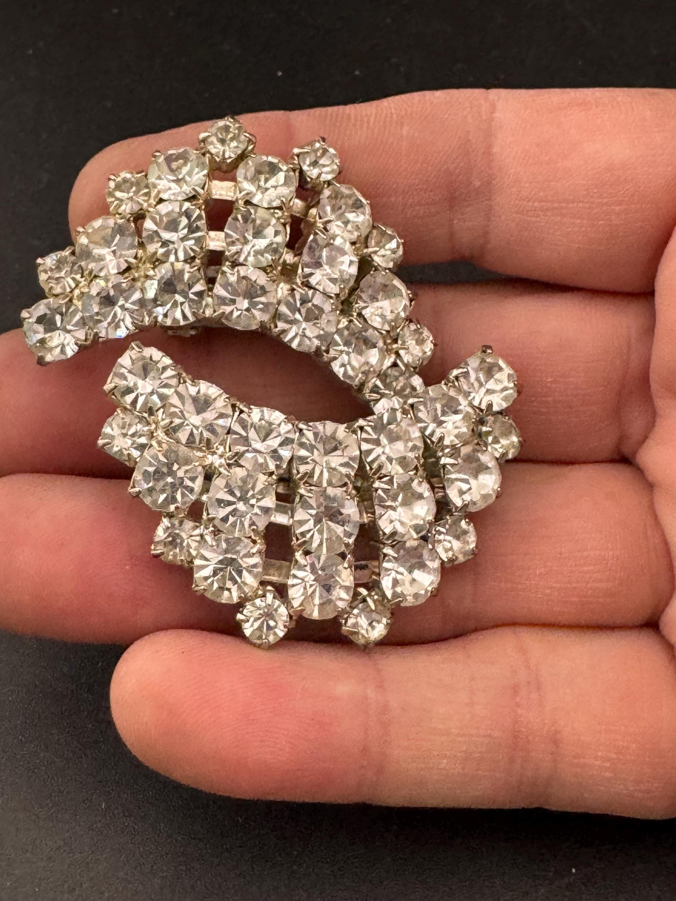 oversized clear diamanté rhinestone Clip On Earrings, 4cm silver tone