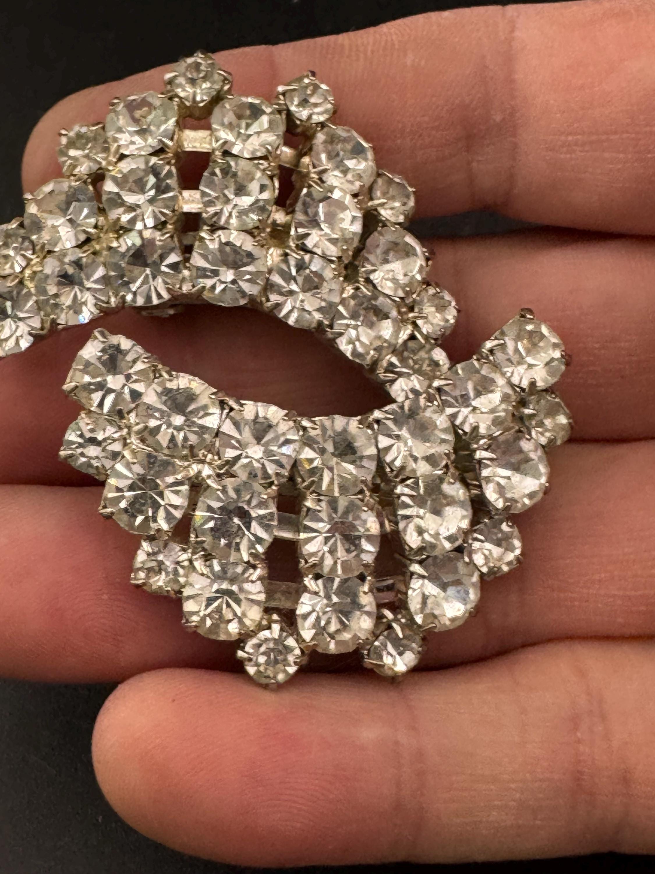 oversized clear diamanté rhinestone Clip On Earrings, 4cm silver tone