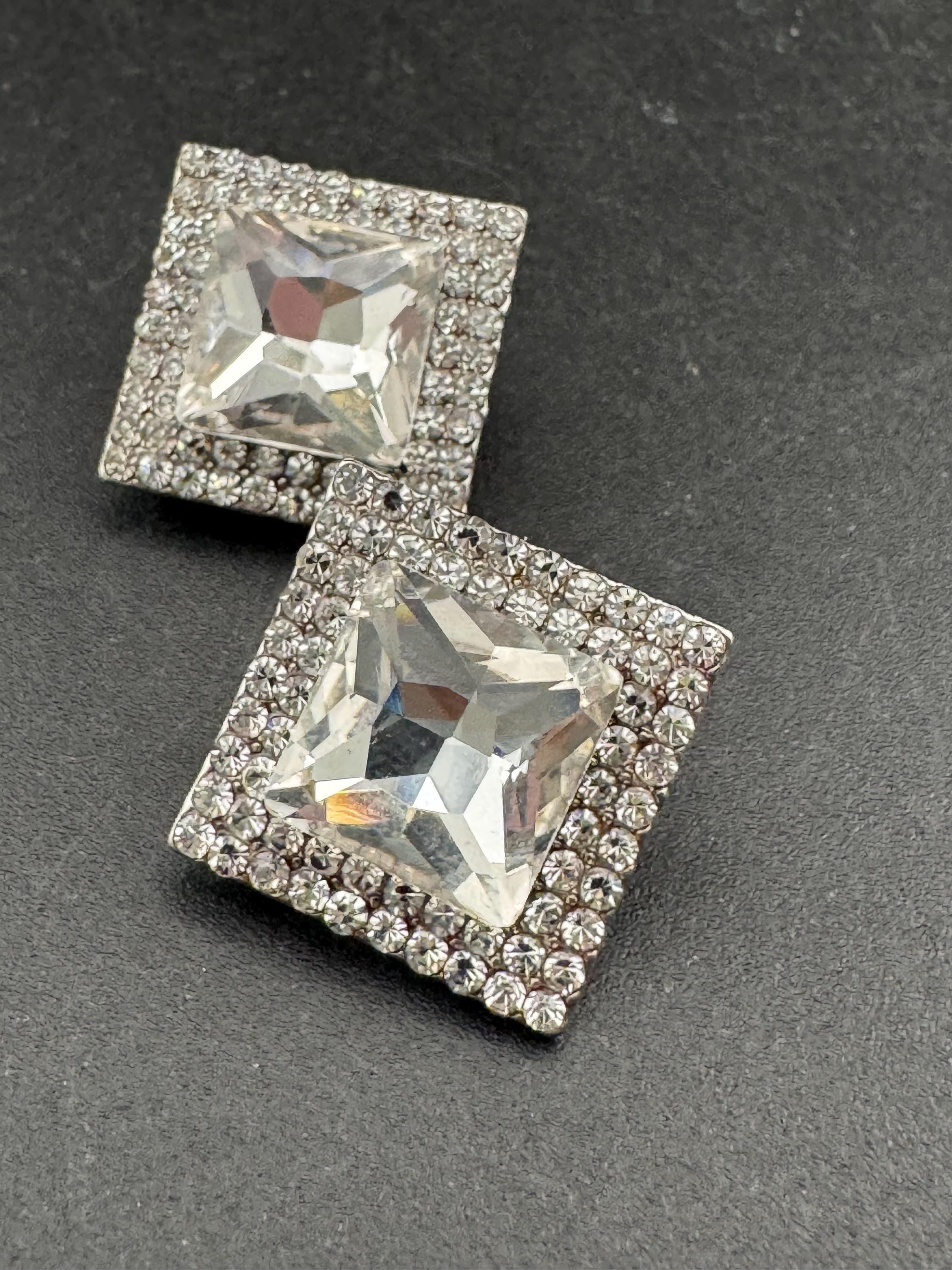 Retro square diamanté rhinestone Clip On Earrings, Silver Tone 2cm