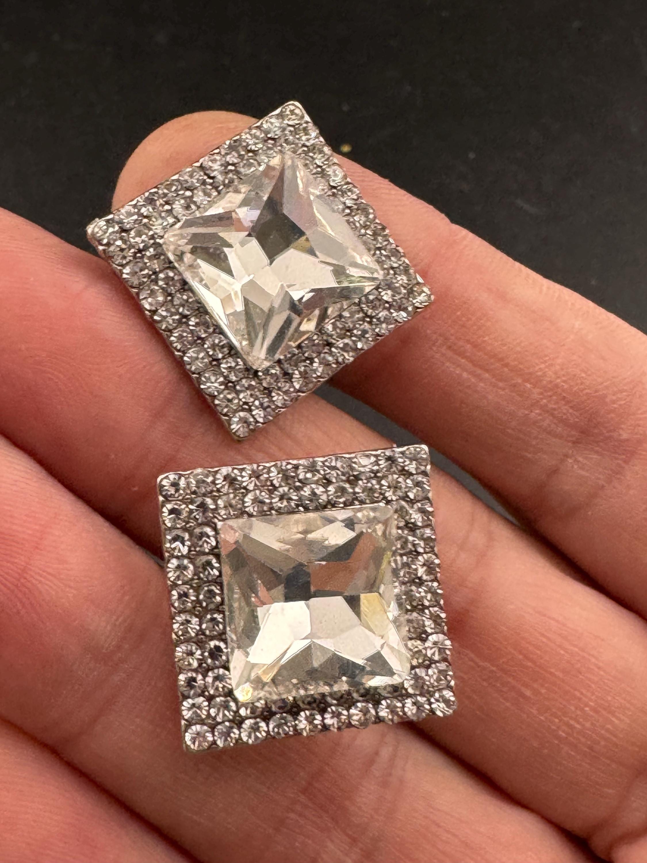 Retro square diamanté rhinestone Clip On Earrings, Silver Tone 2cm