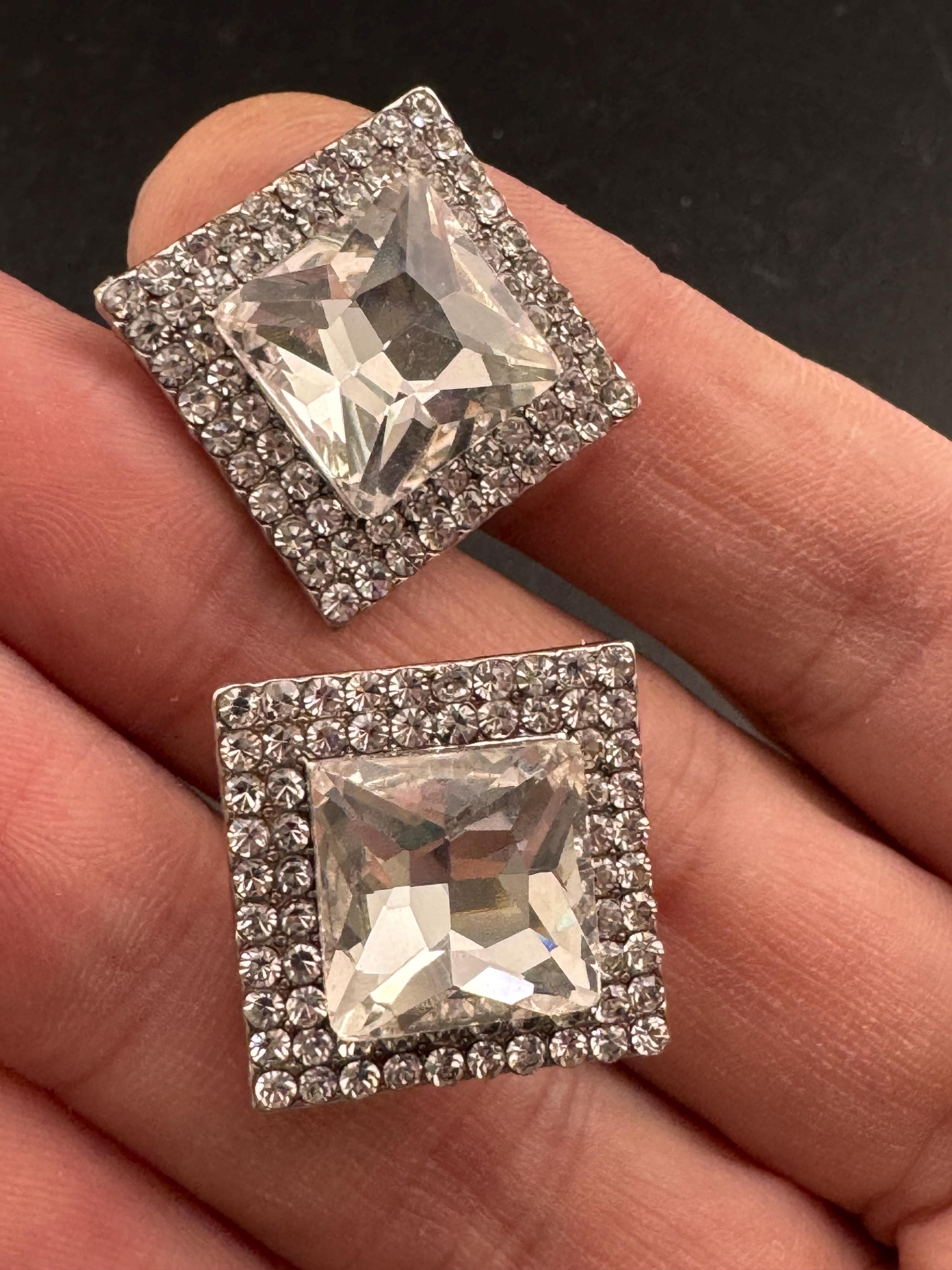 Retro square diamanté rhinestone Clip On Earrings, Silver Tone 2cm