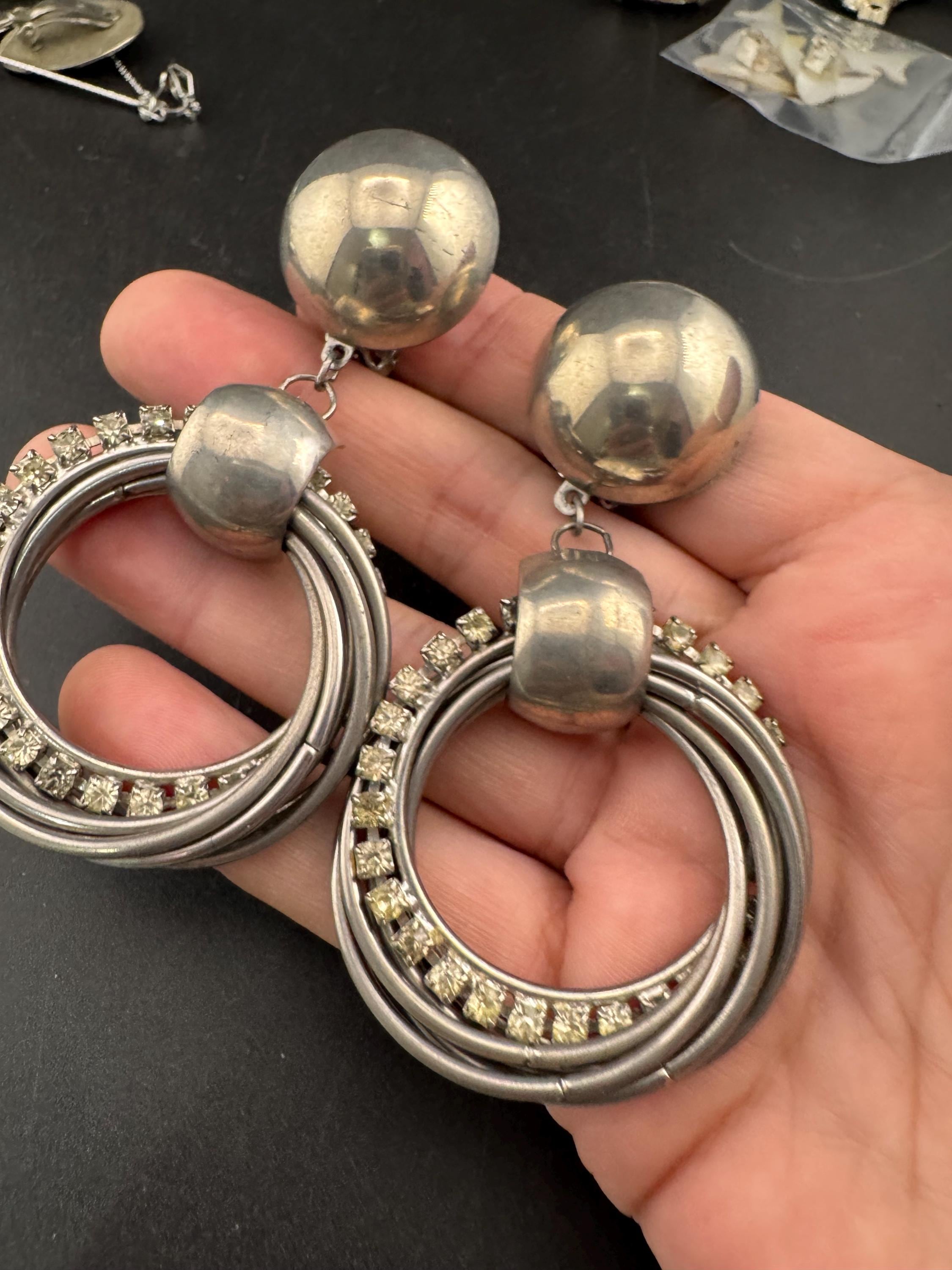 oversized 9cm rhinestone hoop dangly clip on earrings
