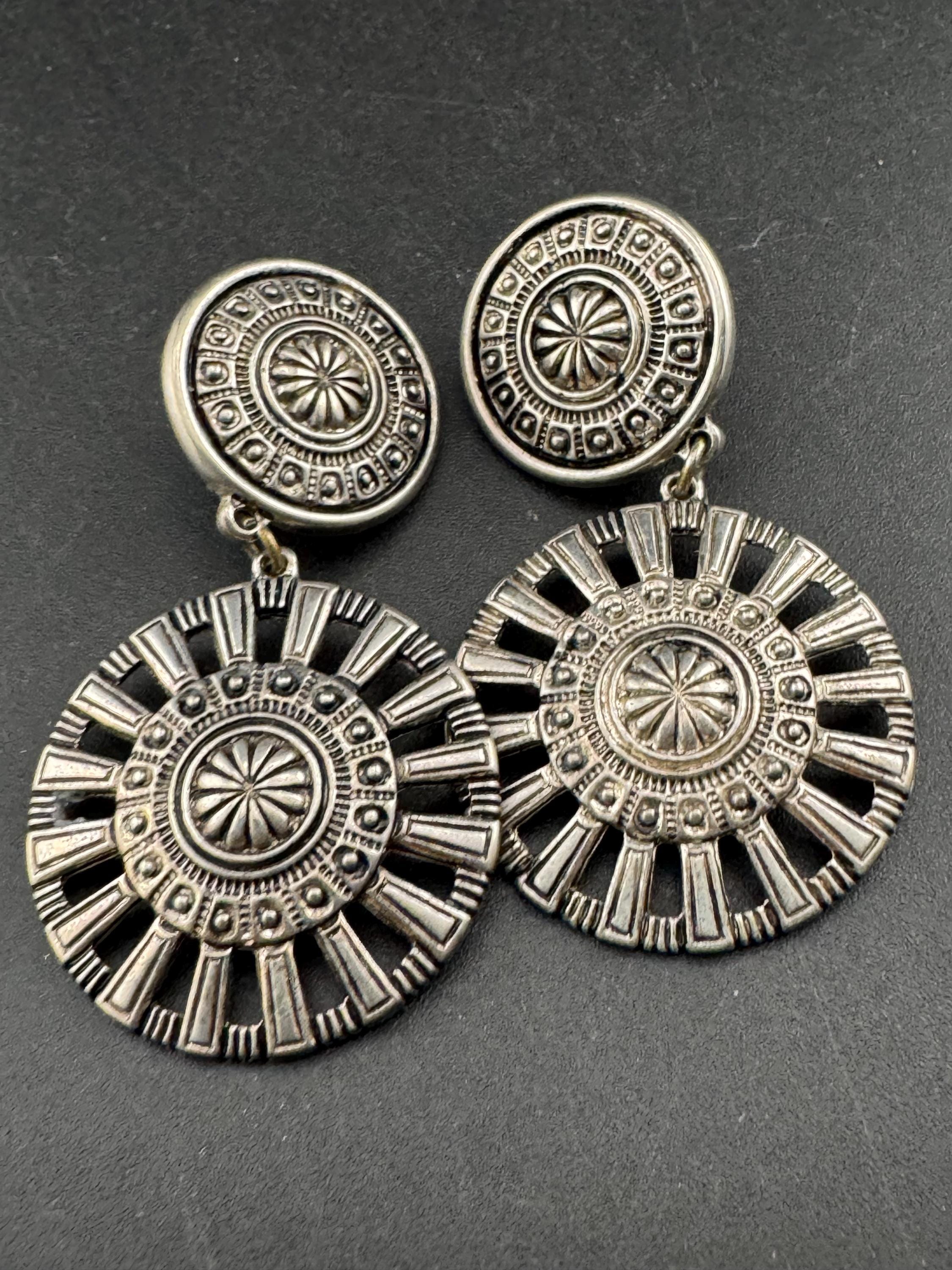 Signed oversized Etruscan round disc metal dangly clip on earrings