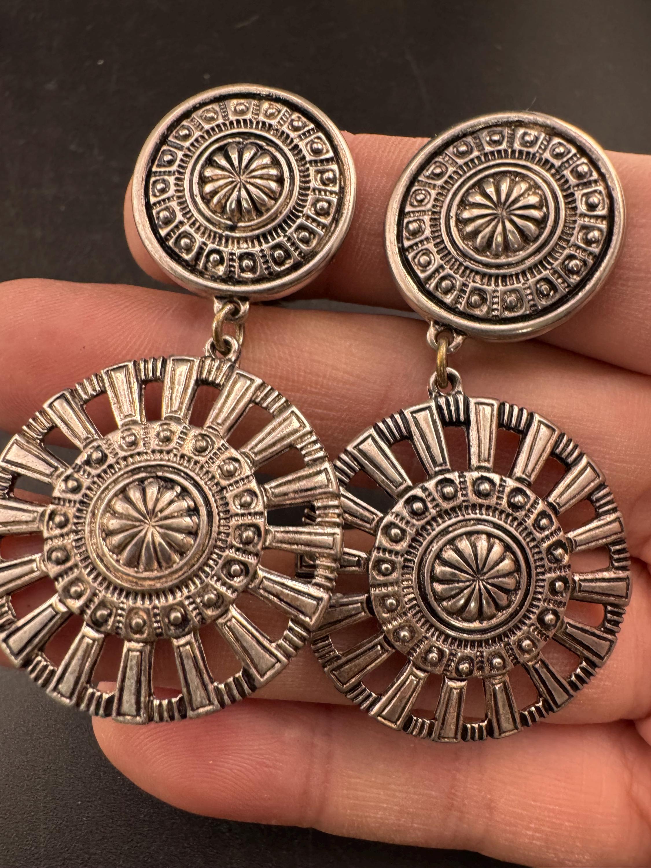 Signed oversized Etruscan round disc metal dangly clip on earrings