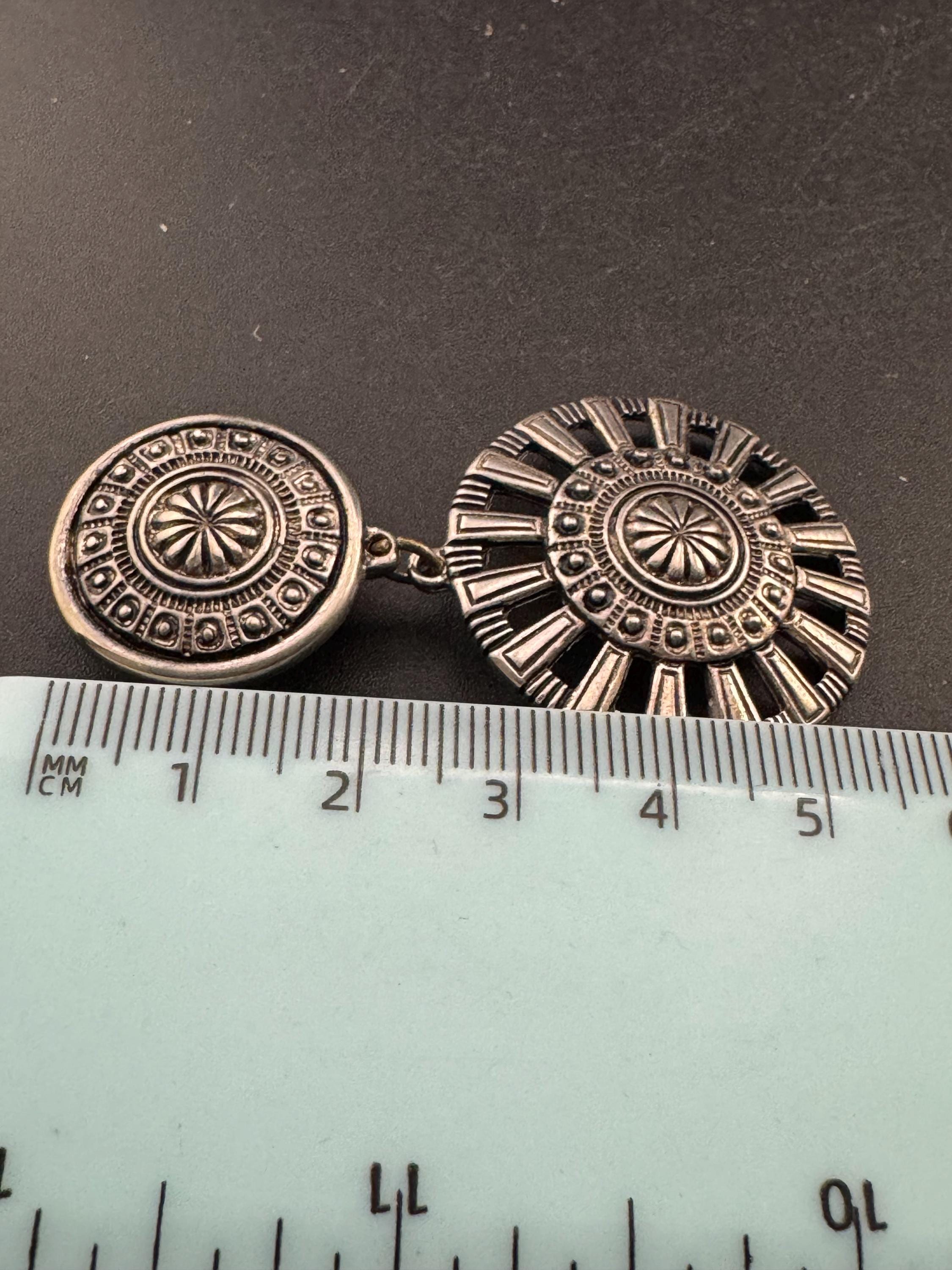Signed oversized Etruscan round disc metal dangly clip on earrings