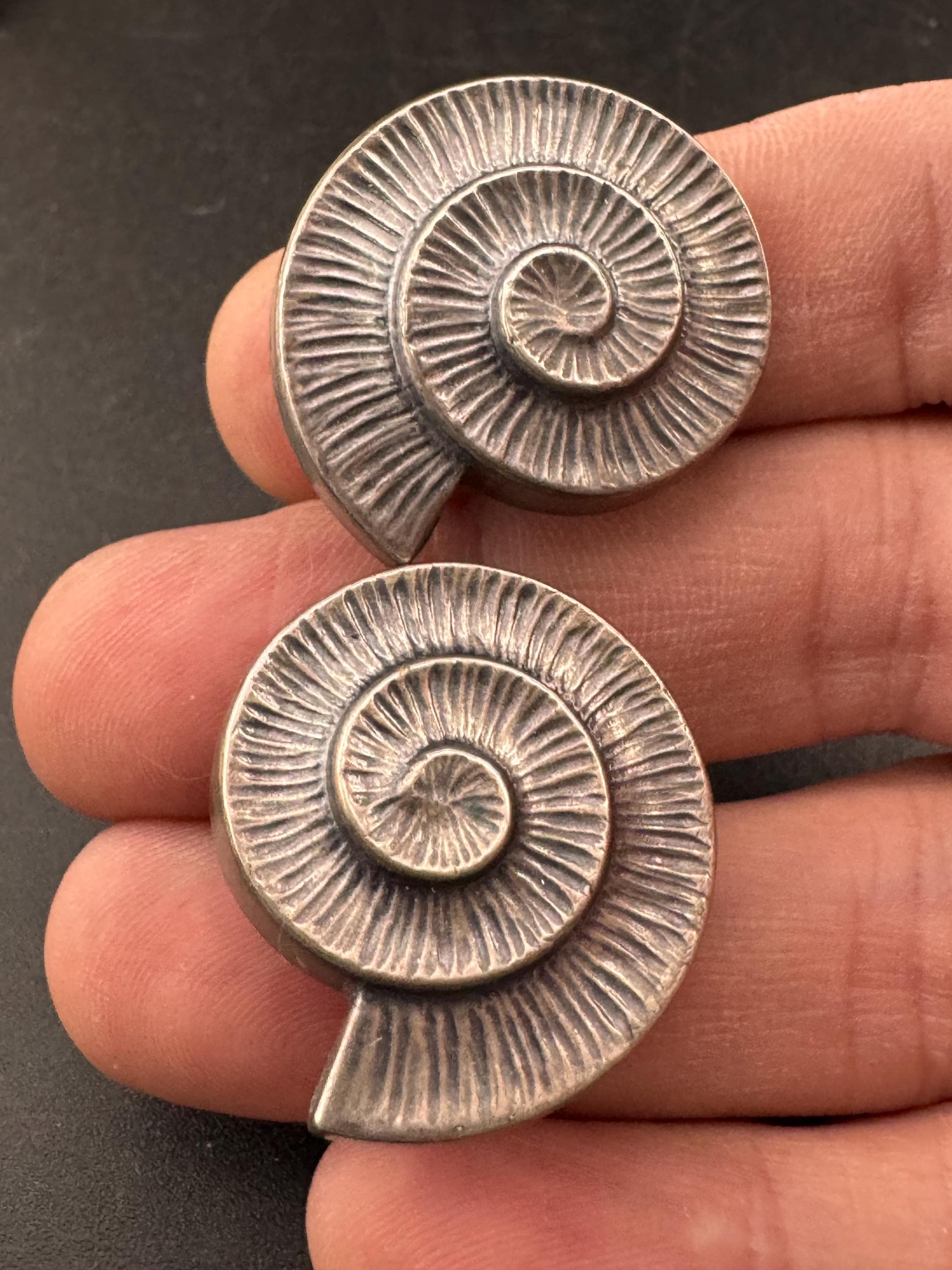 Signed west Germany Vintage ammonite seashell clip on earrings, silver tone metal studs