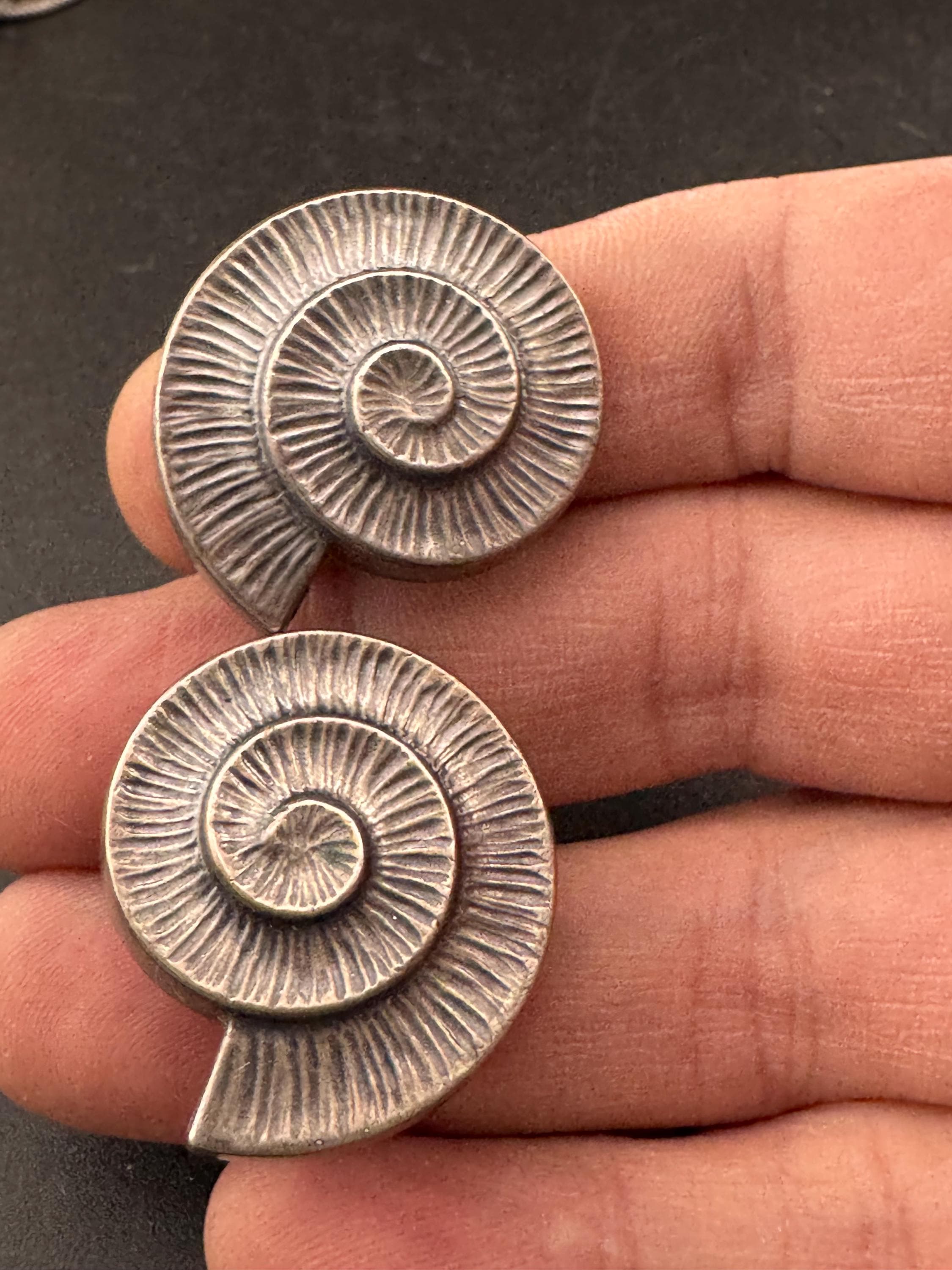 Signed west Germany Vintage ammonite seashell clip on earrings, silver tone metal studs