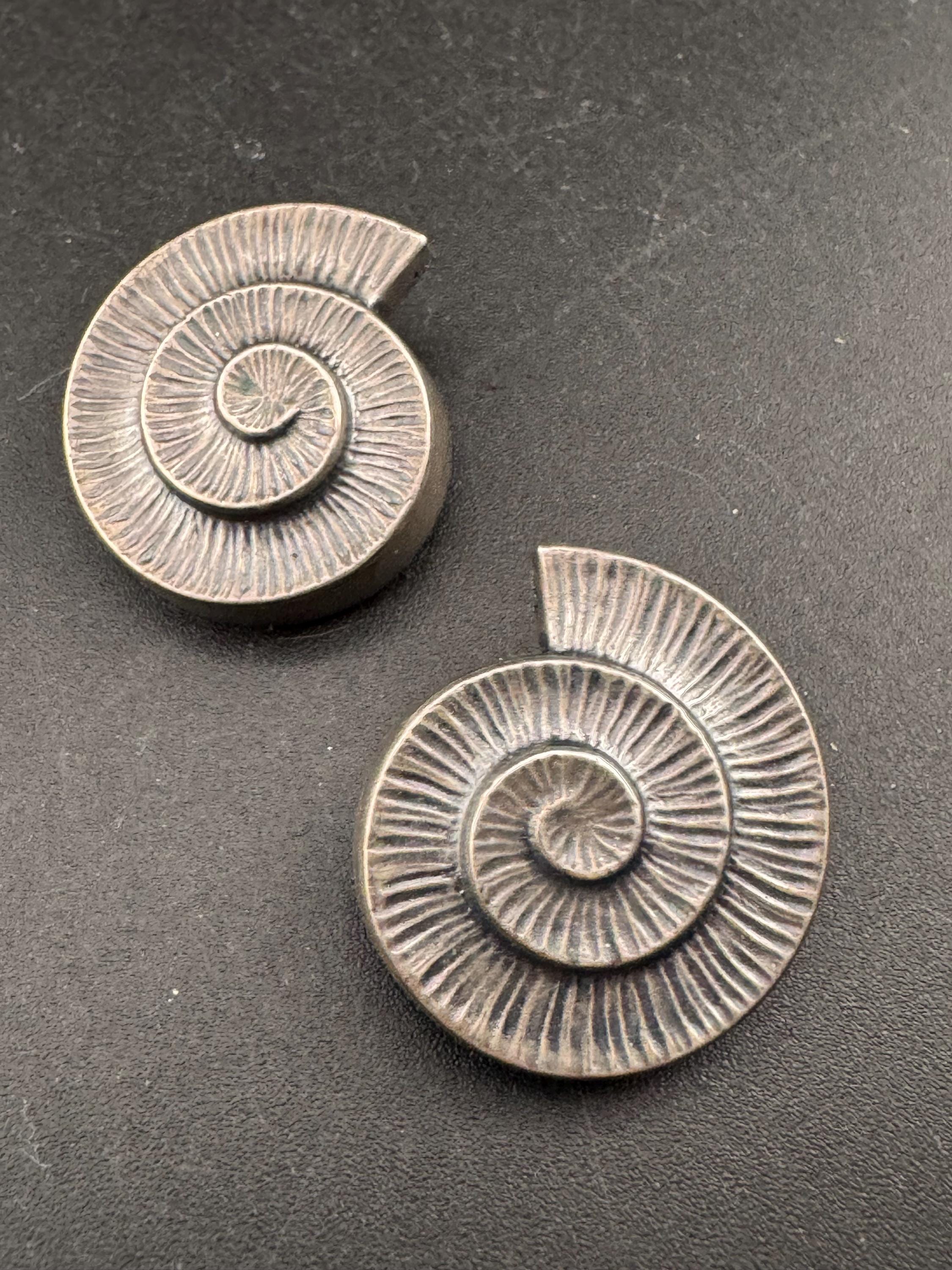 Signed west Germany Vintage ammonite seashell clip on earrings, silver tone metal studs