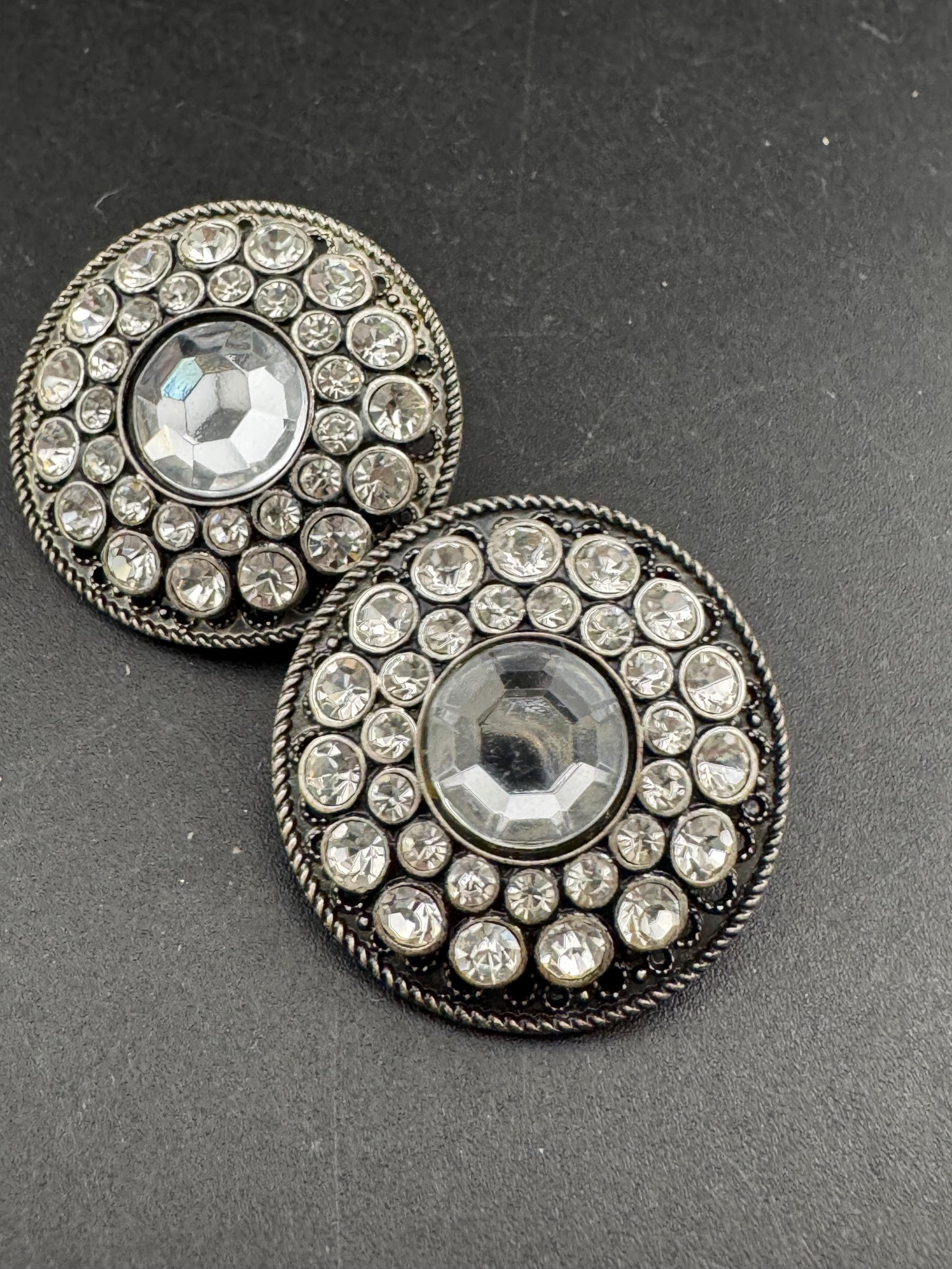 Vintage big silver tone clear diamanté clip on earrings, round studs