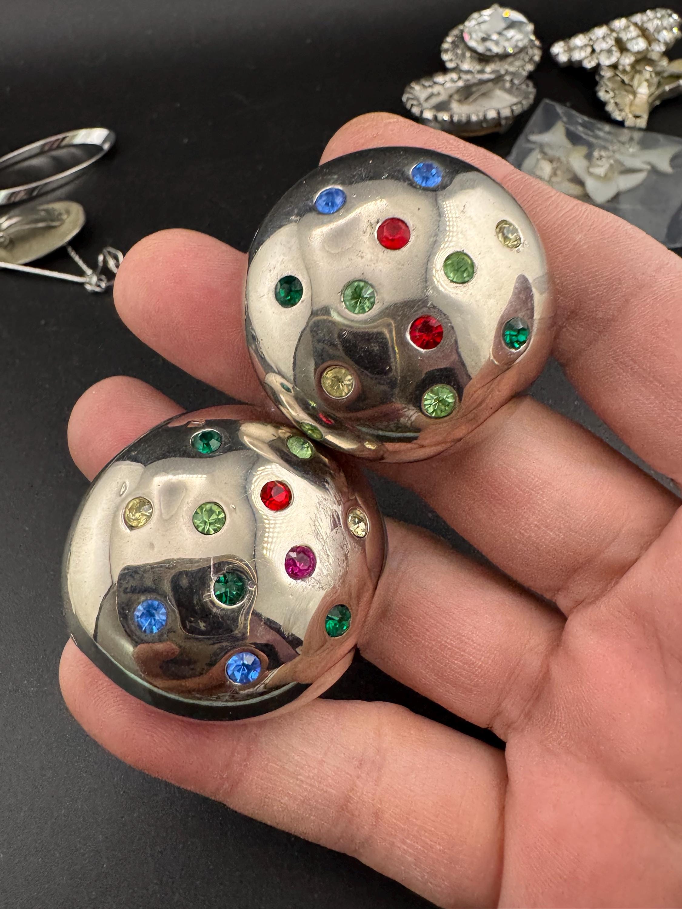 Vintage oversized mid century Rhinestone domed Clip On Earrings: rainbow Studs