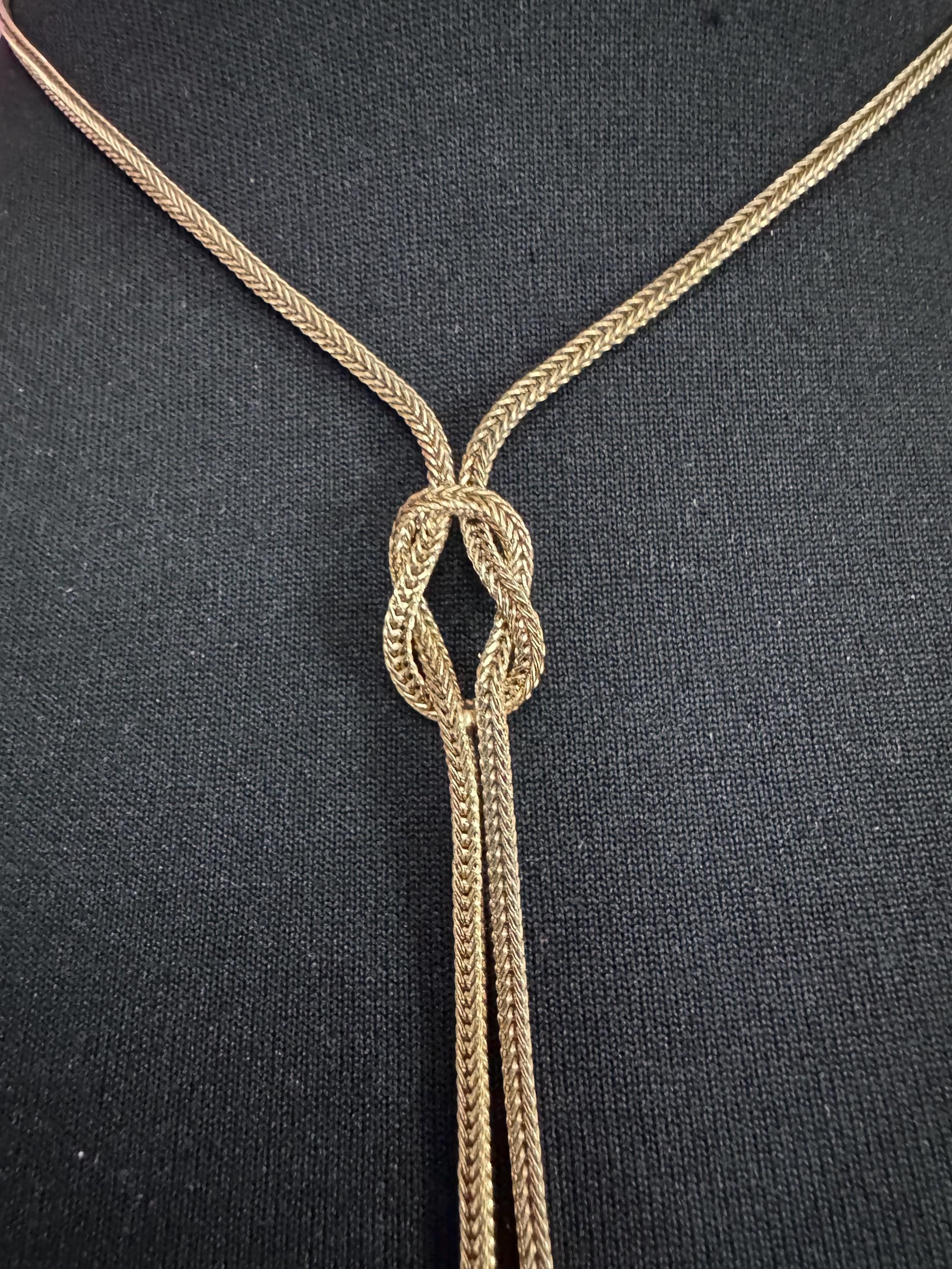 Vintage knot tassel necklace, gold tone woven mesh