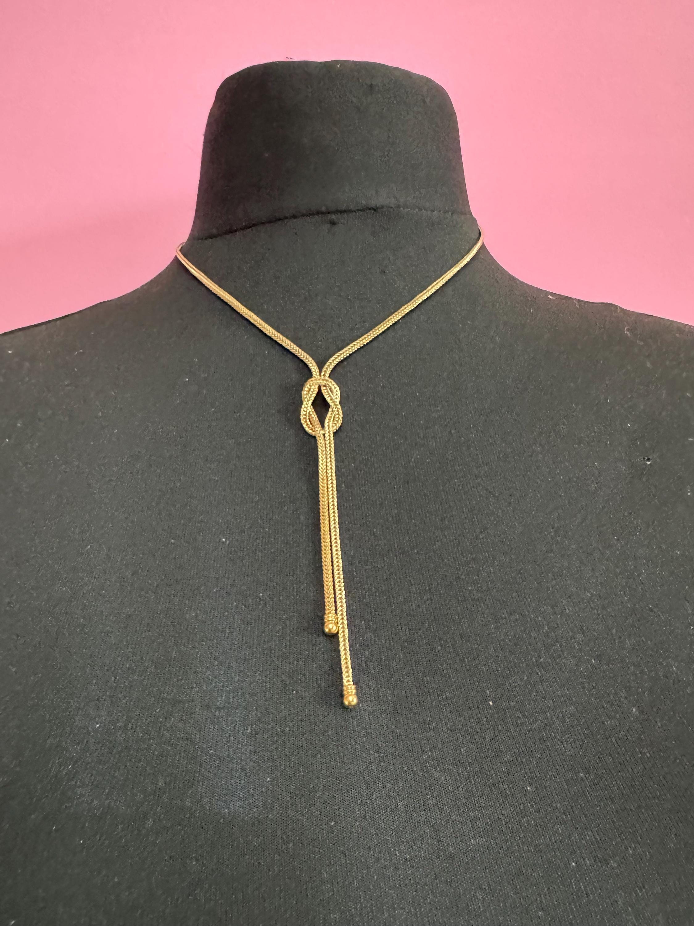 Vintage knot tassel necklace, gold tone woven mesh