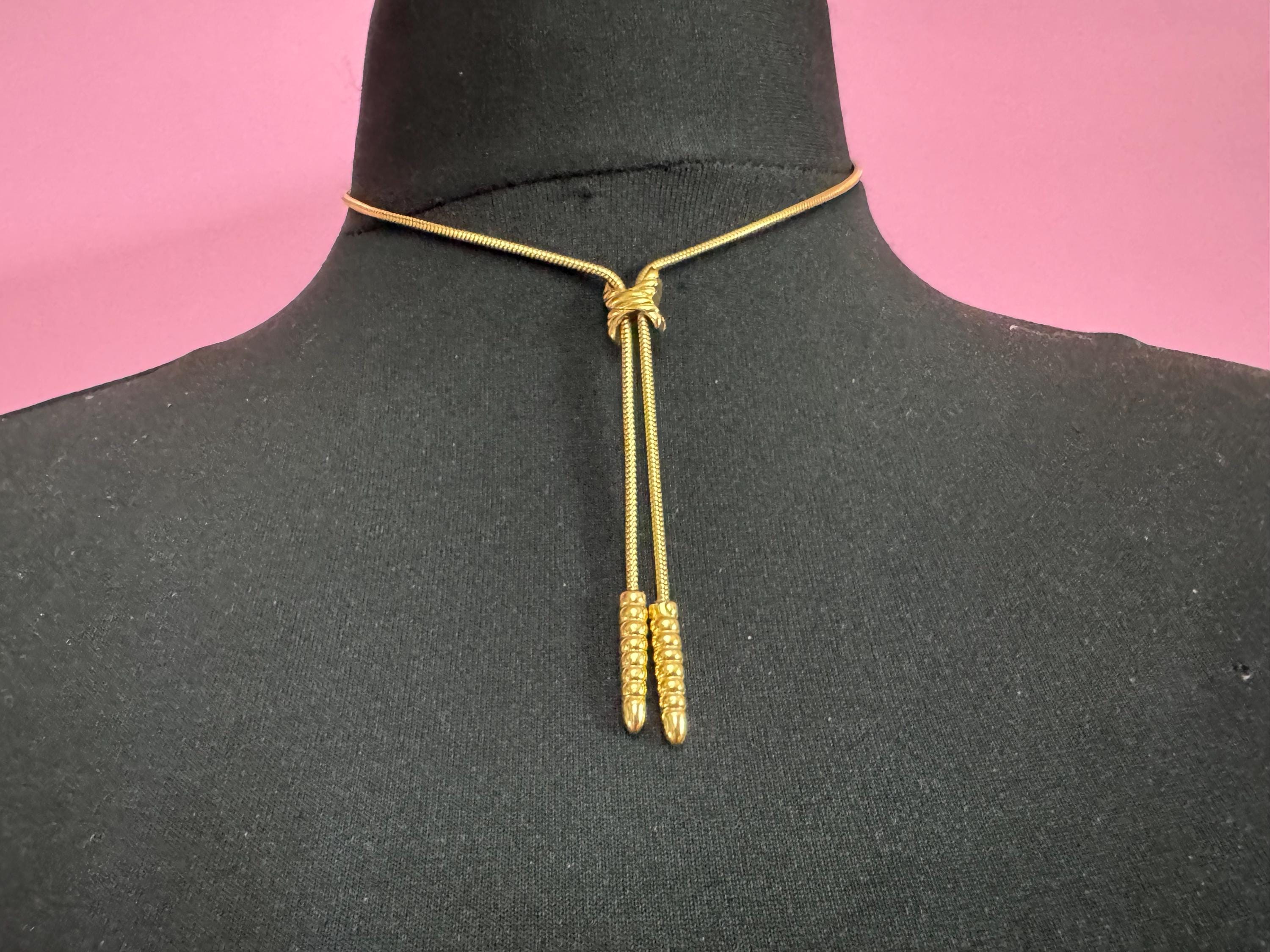 Vintage gold snake chain lariat drop necklace, signed artistry