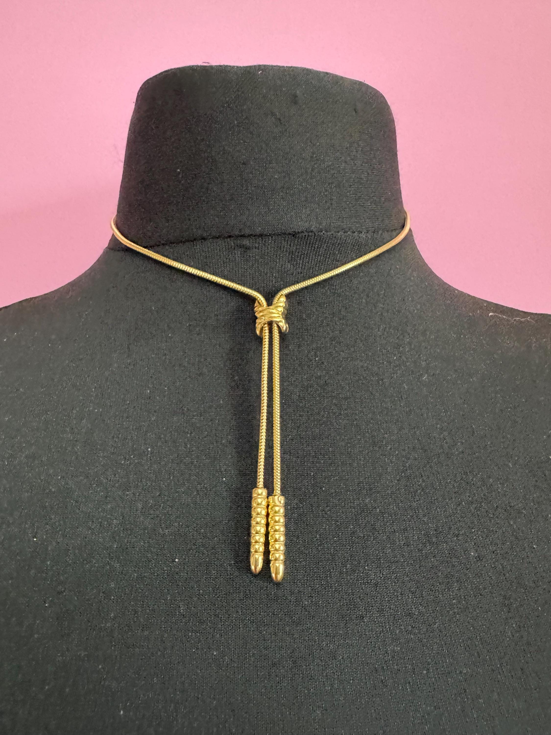 Vintage gold snake chain lariat drop necklace, signed artistry