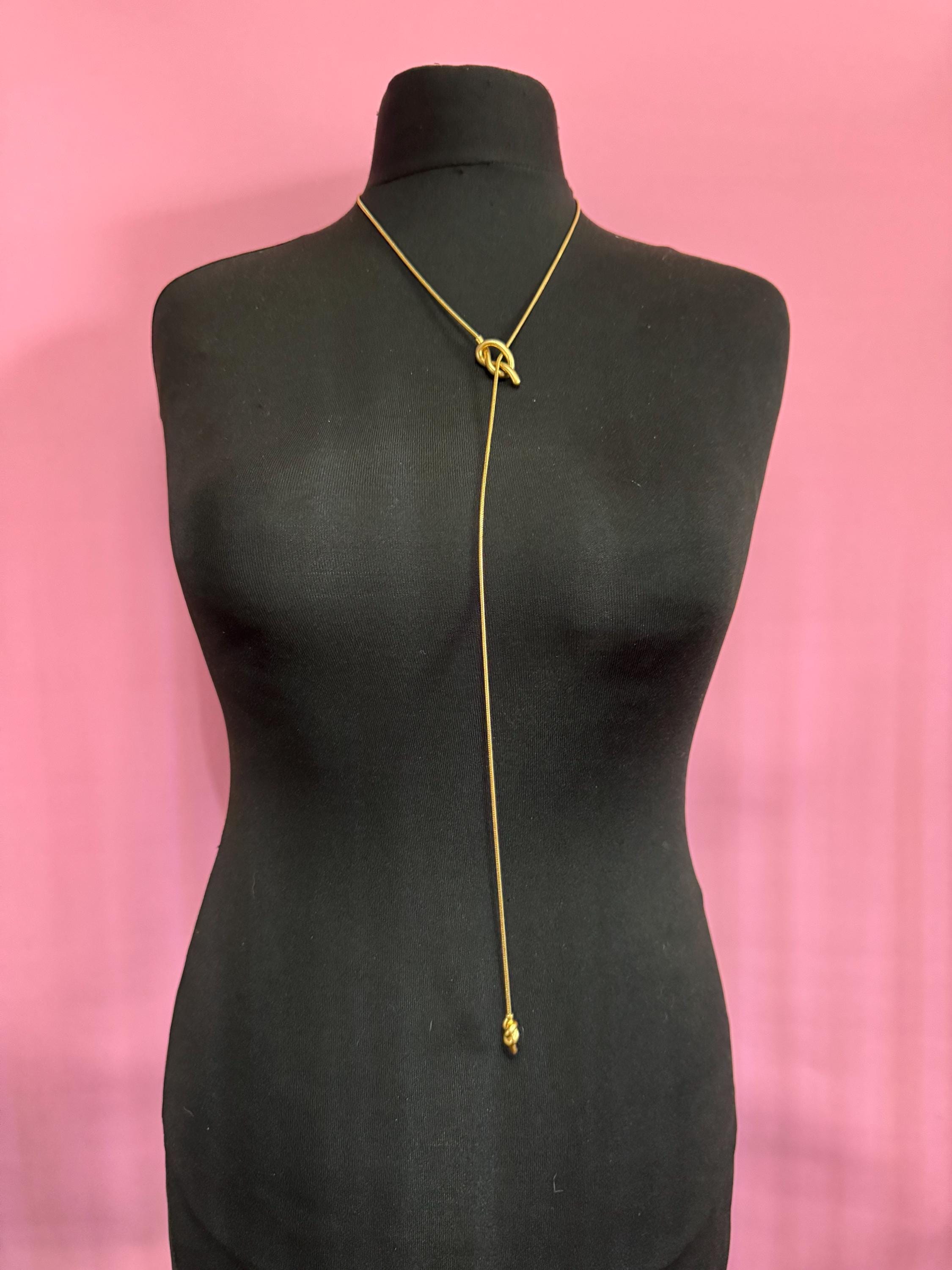Vintage long snake chain knot bolo slider necklace , Matt gold tone