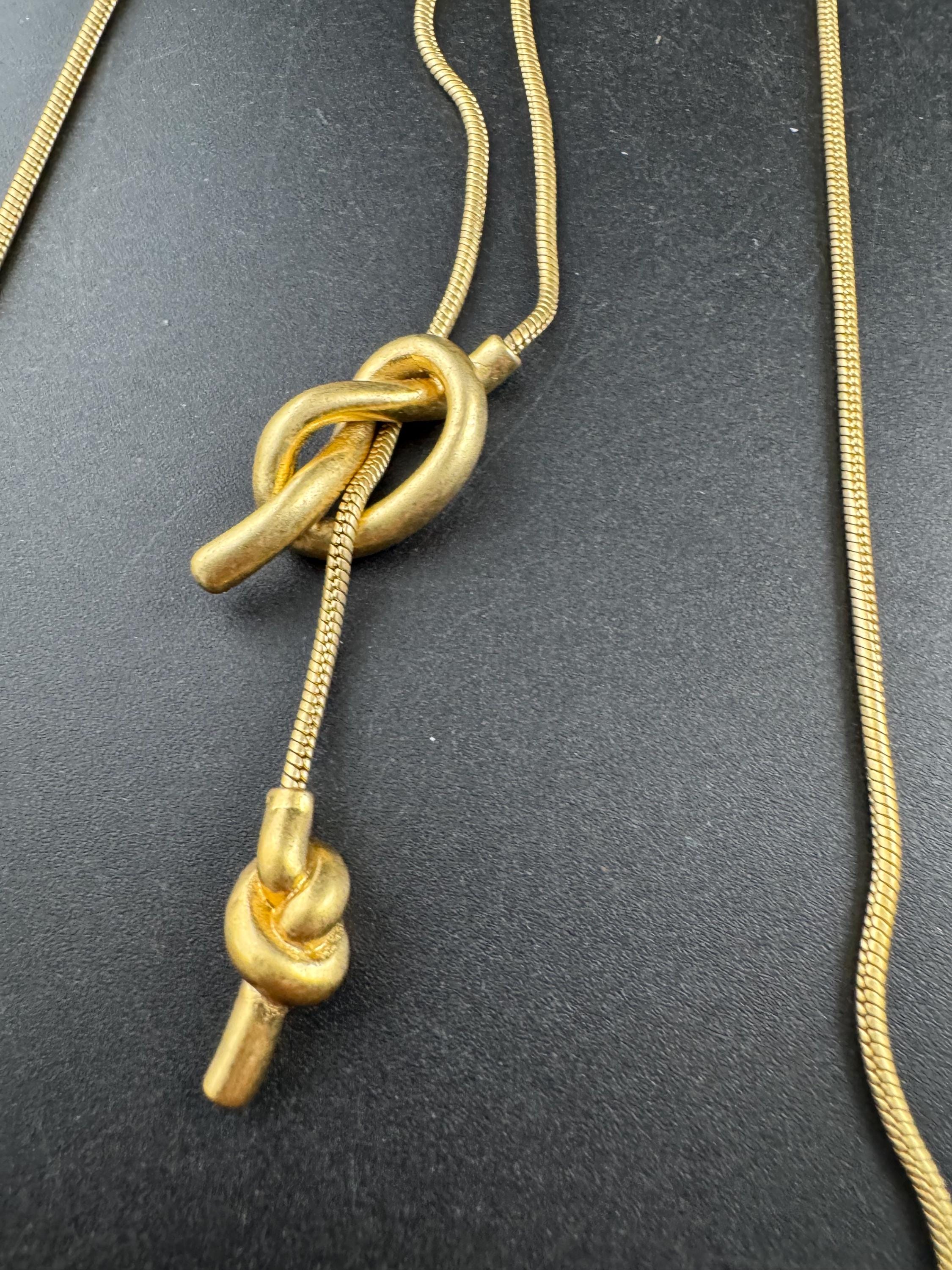 Vintage long snake chain knot bolo slider necklace , Matt gold tone