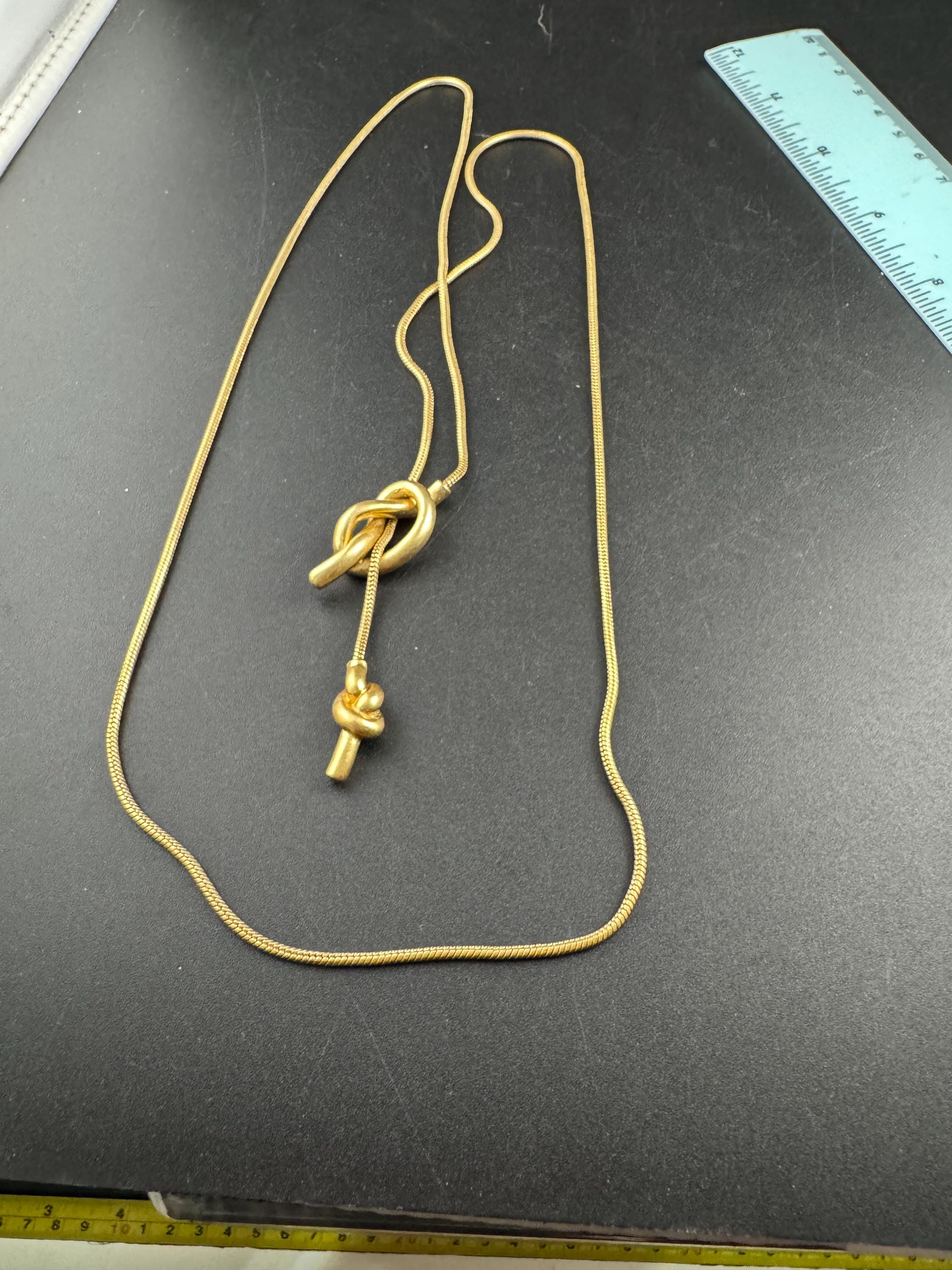 Vintage long snake chain knot bolo slider necklace , Matt gold tone