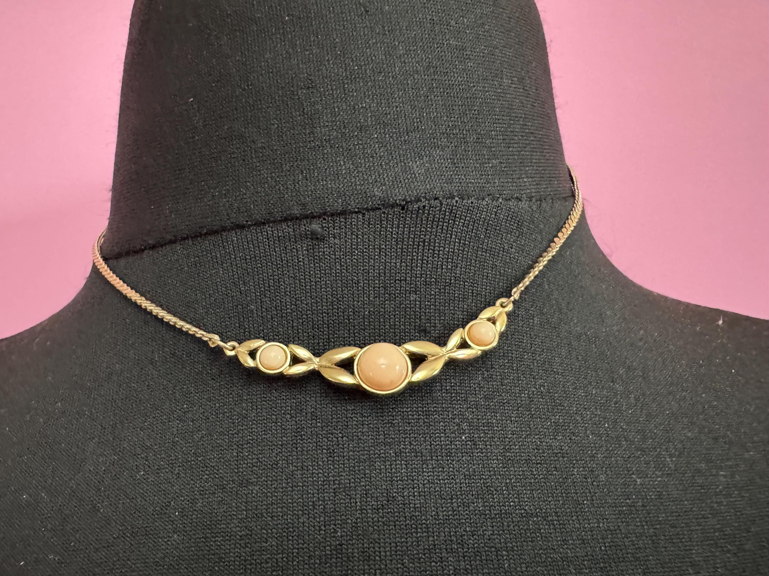 Signed Avon dainty 80s gold flat link chain with coral peach cabochons, plated necklace