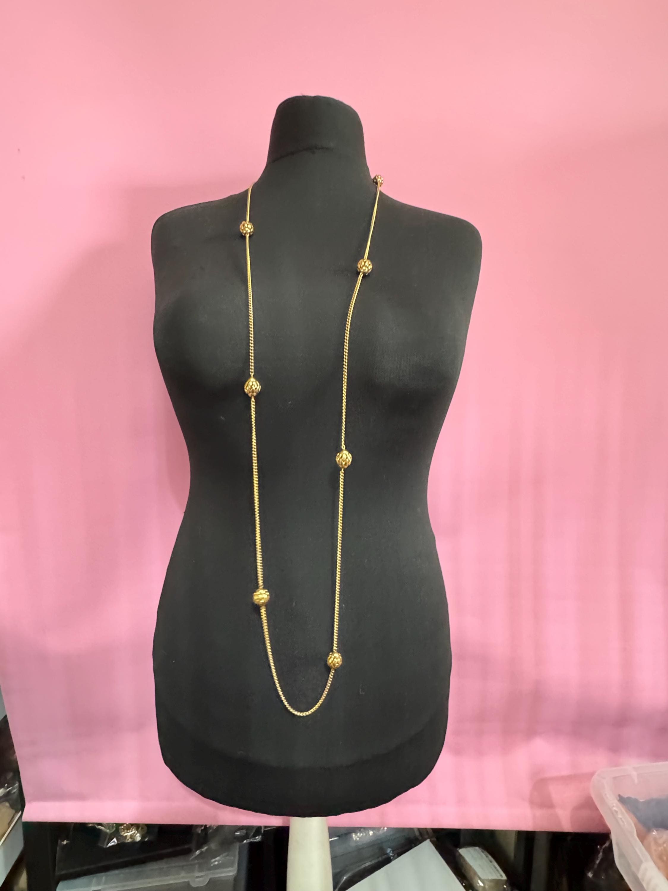 Vintage ball bead flapper chain station necklace, 140cm long 1980s gold plated
