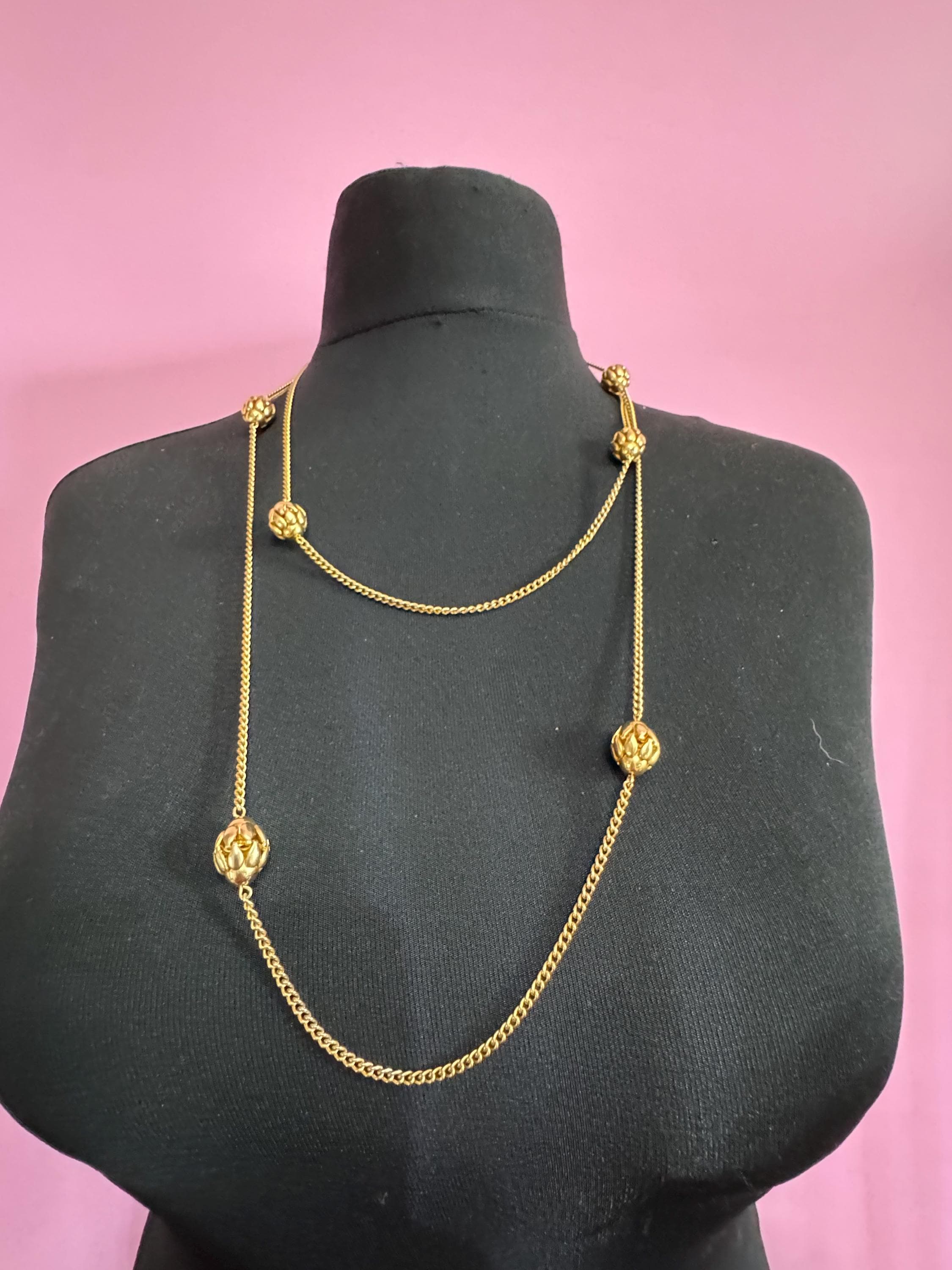 Vintage ball bead flapper chain station necklace, 140cm long 1980s gold plated