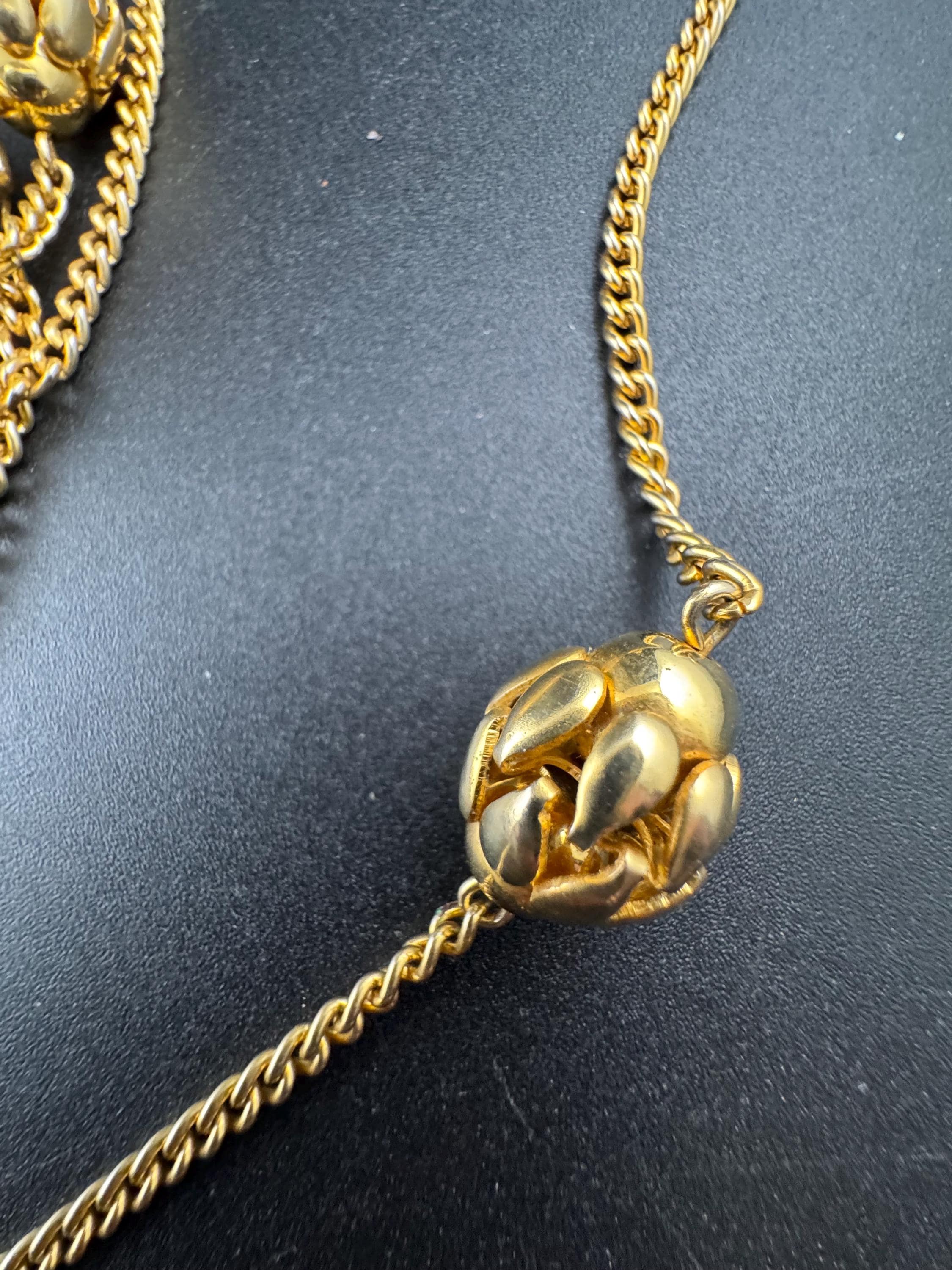 Vintage ball bead flapper chain station necklace, 140cm long 1980s gold plated