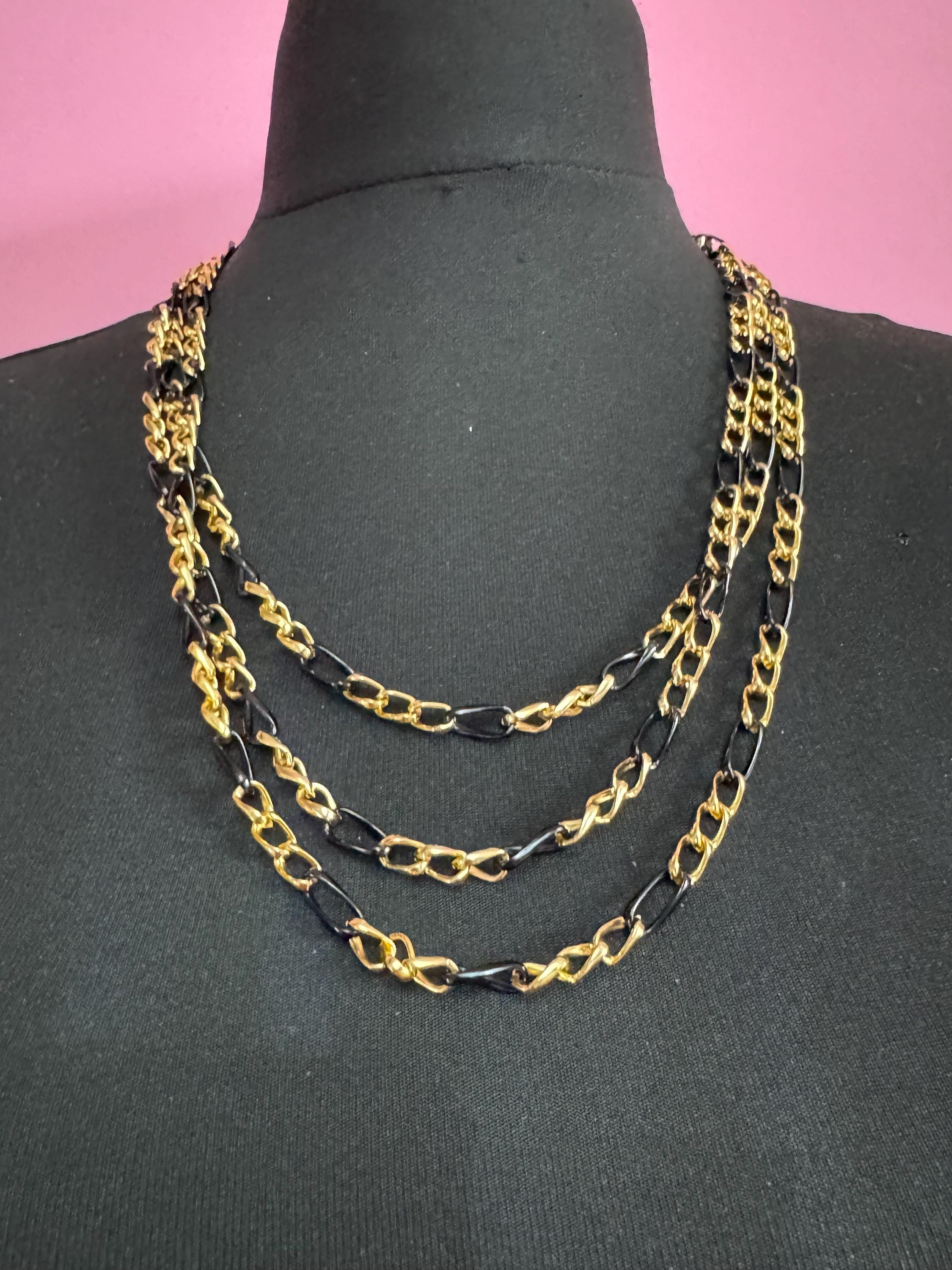 lightweight multi strand waterfall chain necklace, black and gold Vintage 1960s 1970s