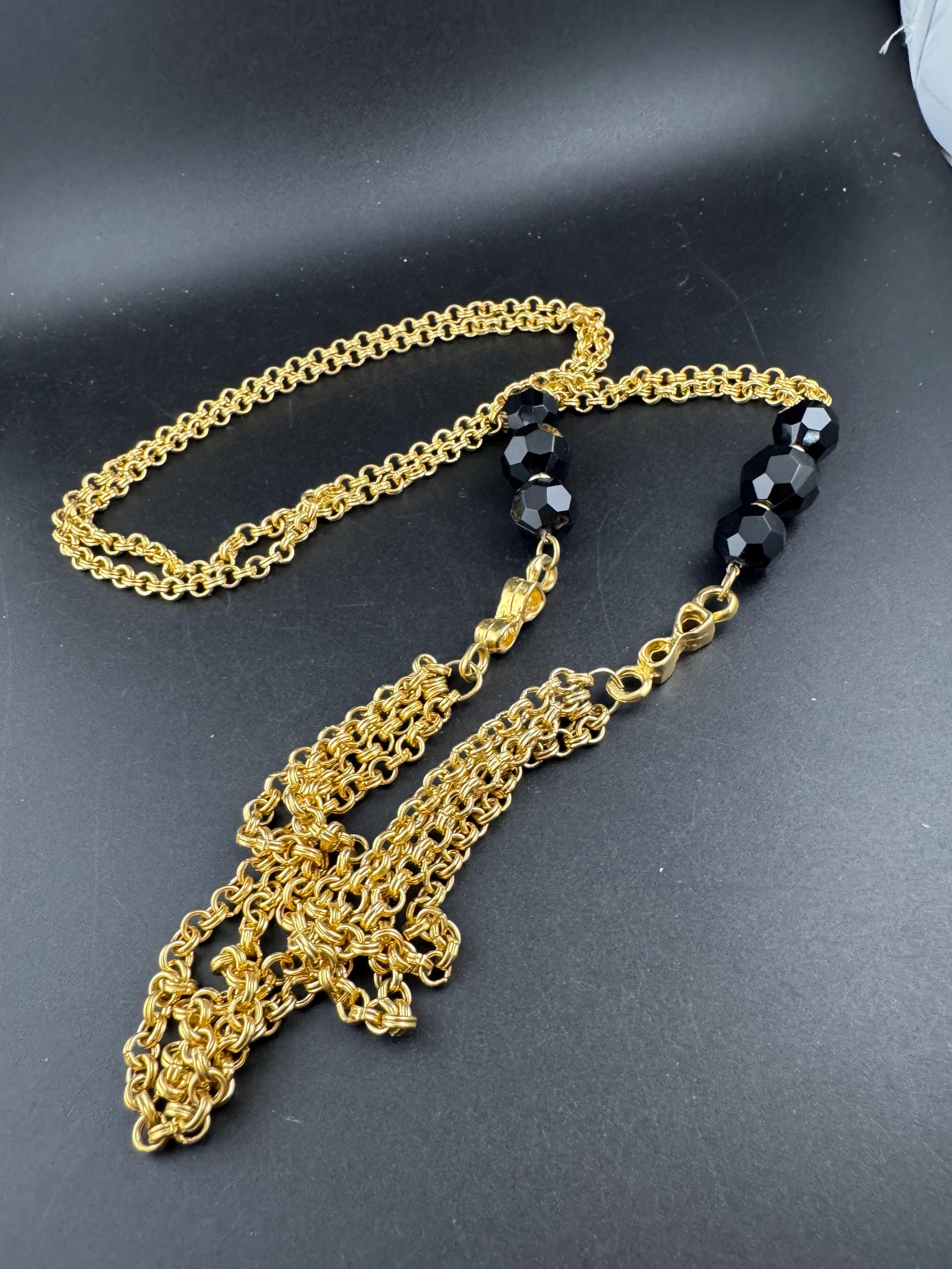 Vintage black beaded gold Multistrand chain necklace 90cm, acrylic weighty piece