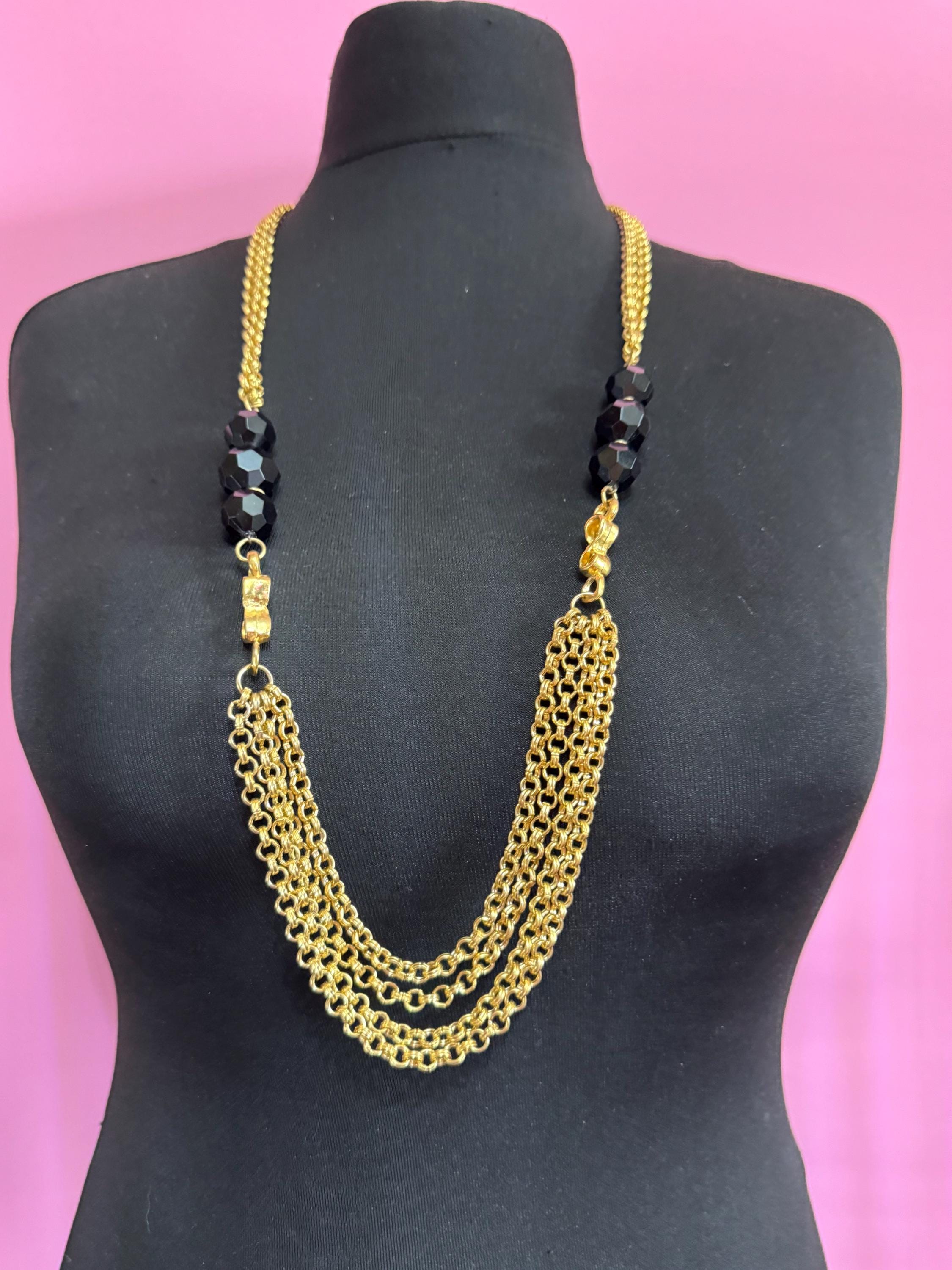 Vintage black beaded gold Multistrand chain necklace 90cm, acrylic weighty piece