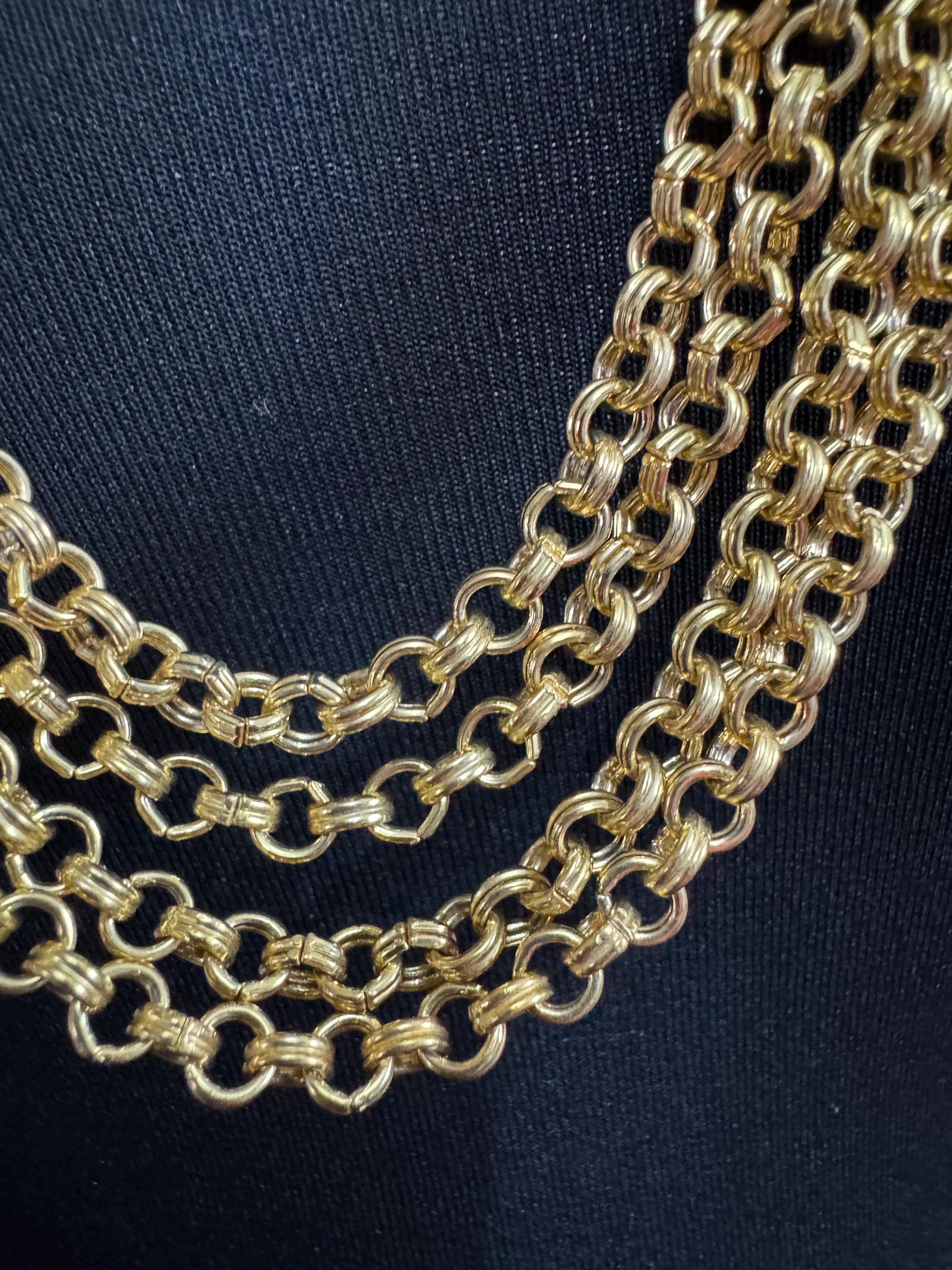 Vintage black beaded gold Multistrand chain necklace 90cm, acrylic weighty piece