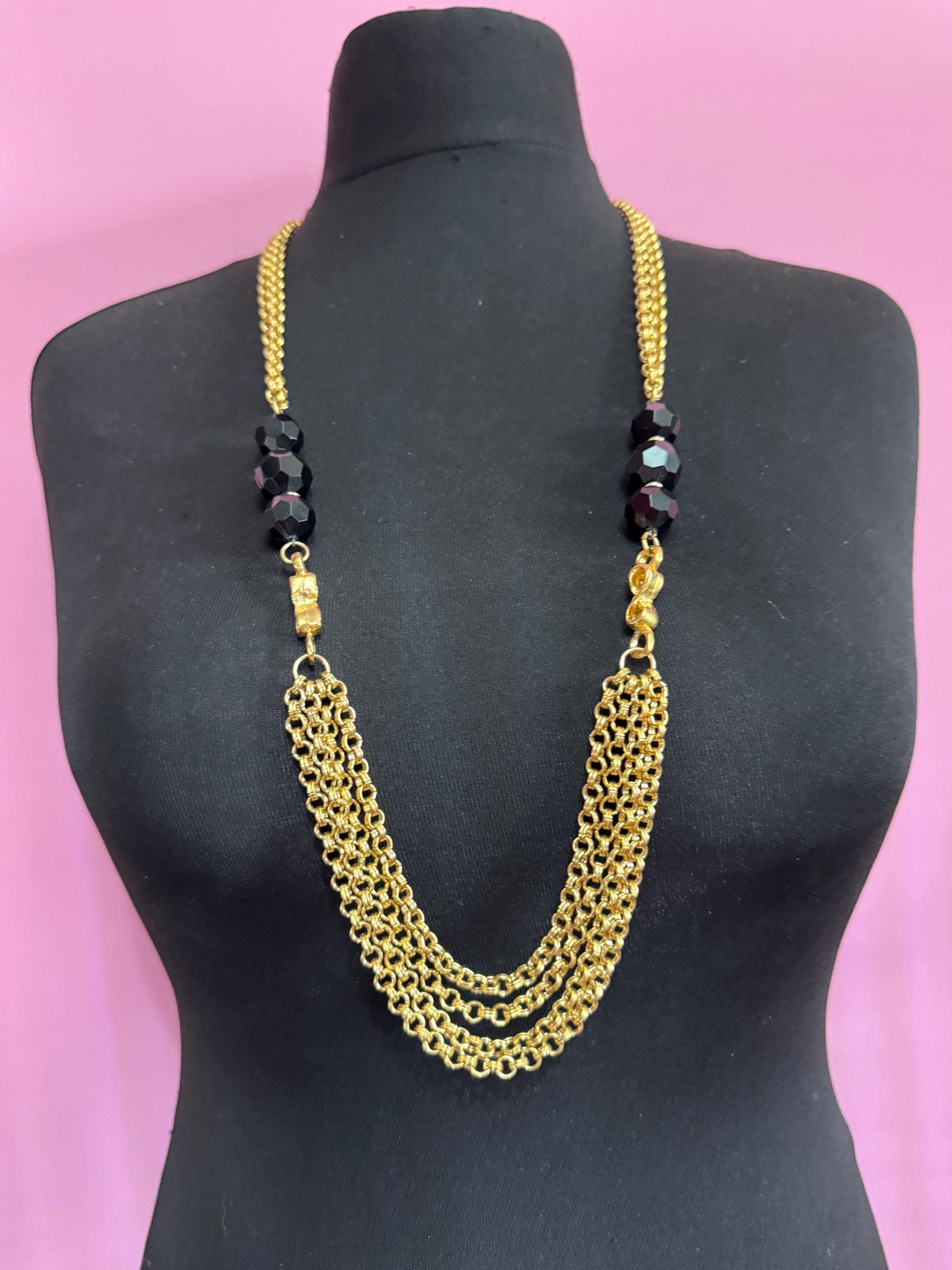 Vintage black beaded gold Multistrand chain necklace 90cm, acrylic weighty piece