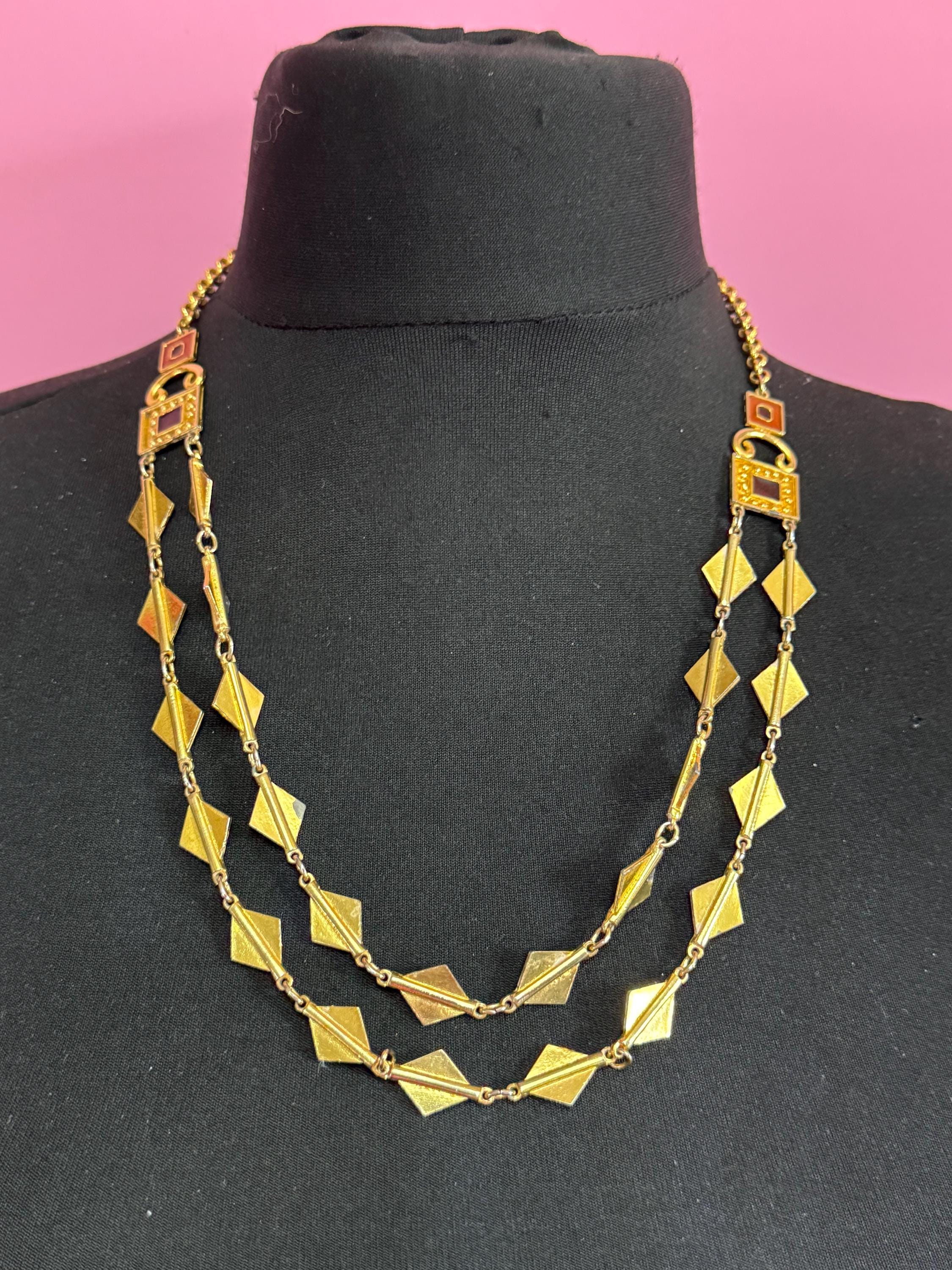 Vintage 1970s enanel gold waterfall chain necklace multi strand 62cm with wear