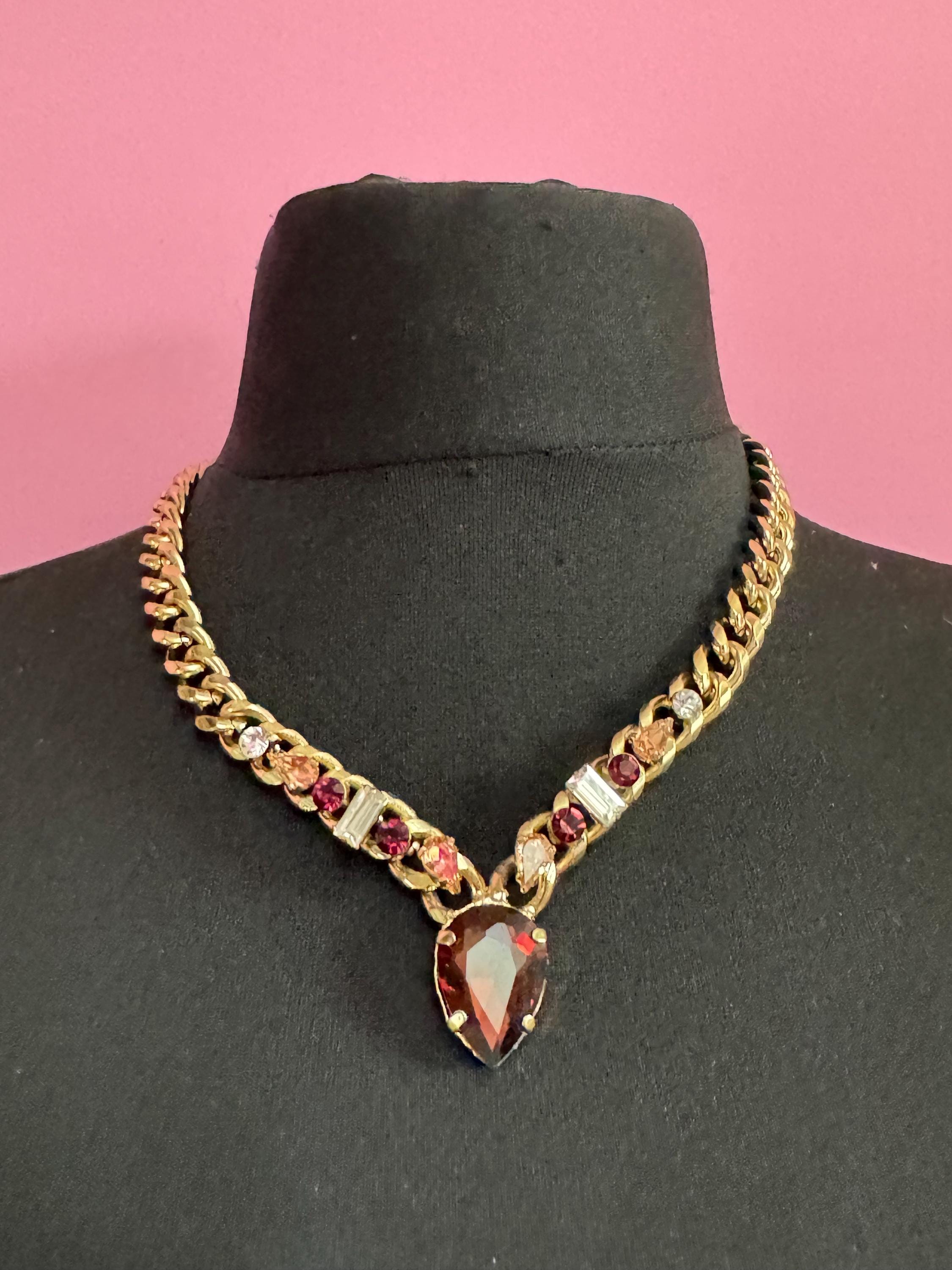 High end gold plated amethyst crystal drop necklace, chunky curb link signed