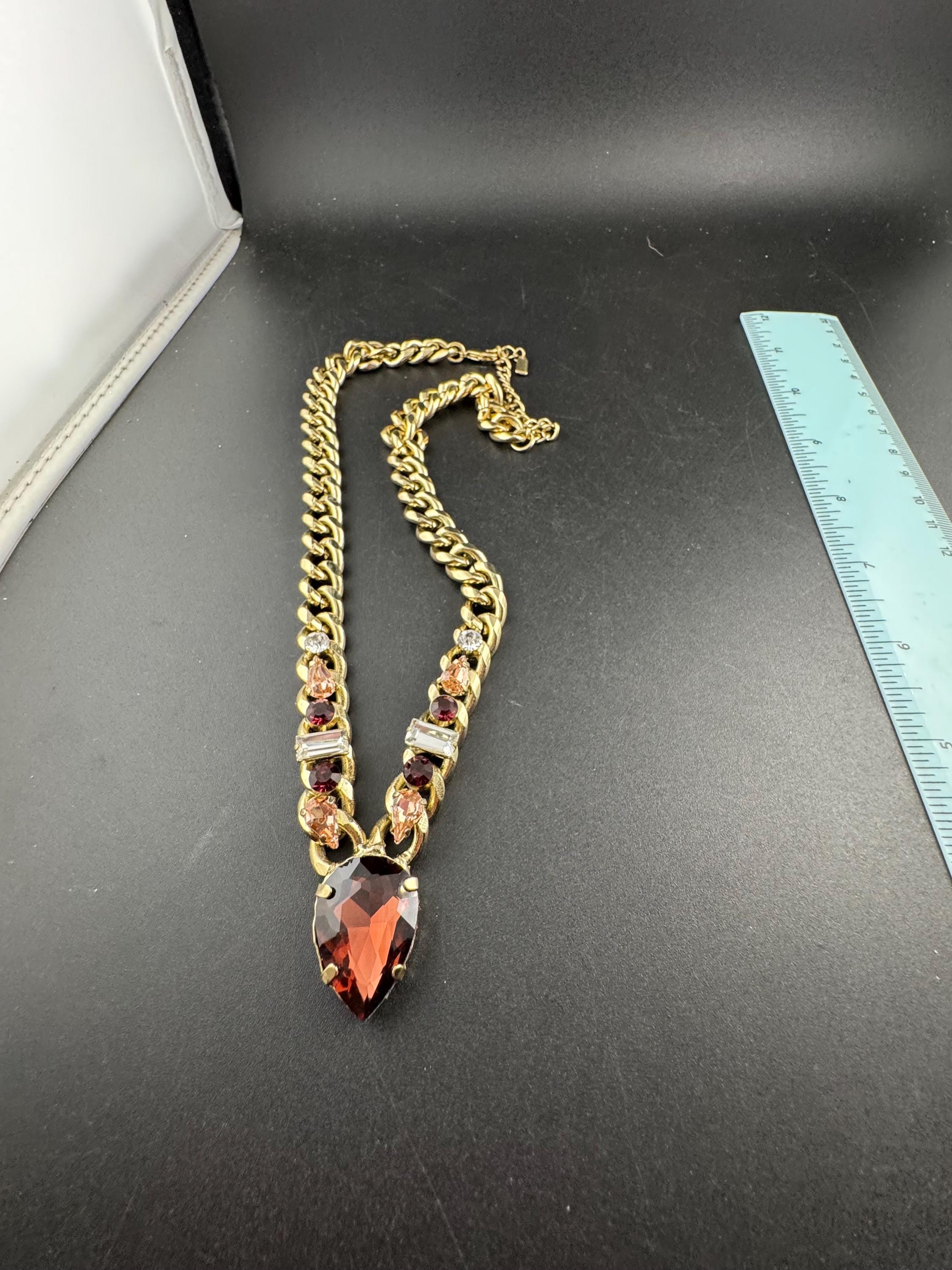 High end gold plated amethyst crystal drop necklace, chunky curb link signed