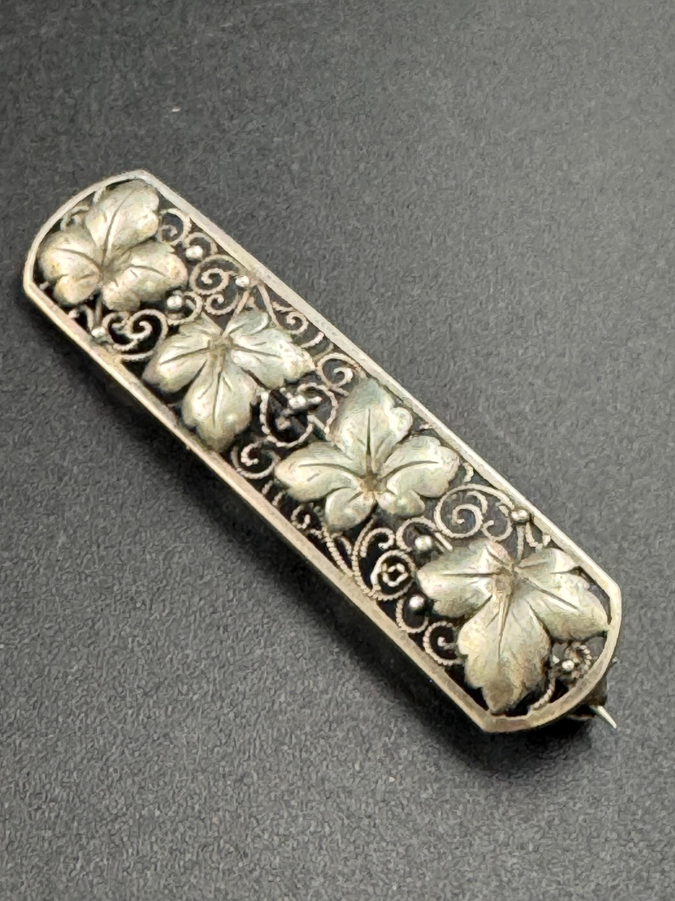 Antique 835 grade continental silver art nouveau leaf bar brooch, 1900s