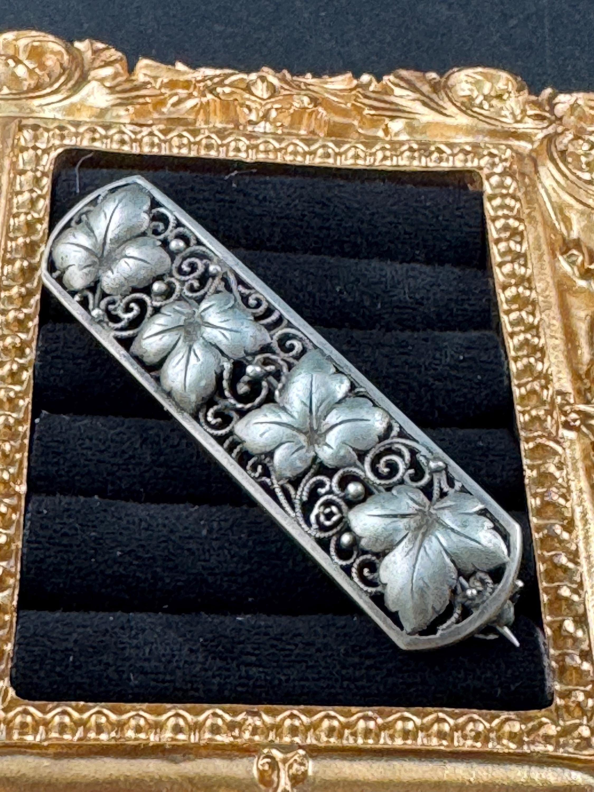 Antique 835 grade continental silver art nouveau leaf bar brooch, 1900s